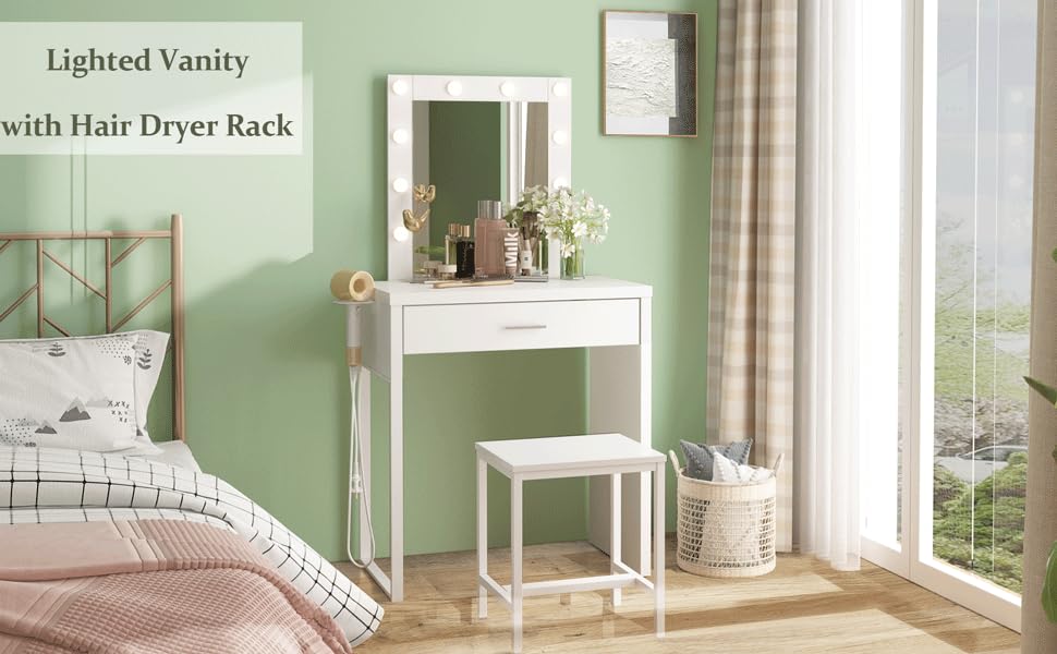 Vabches Makeup Vanity Desk, White Vanity Set Vanity Table with Lighted Mirror, 10 LED Lights Brightness Adjustable, 27.6in(L), White