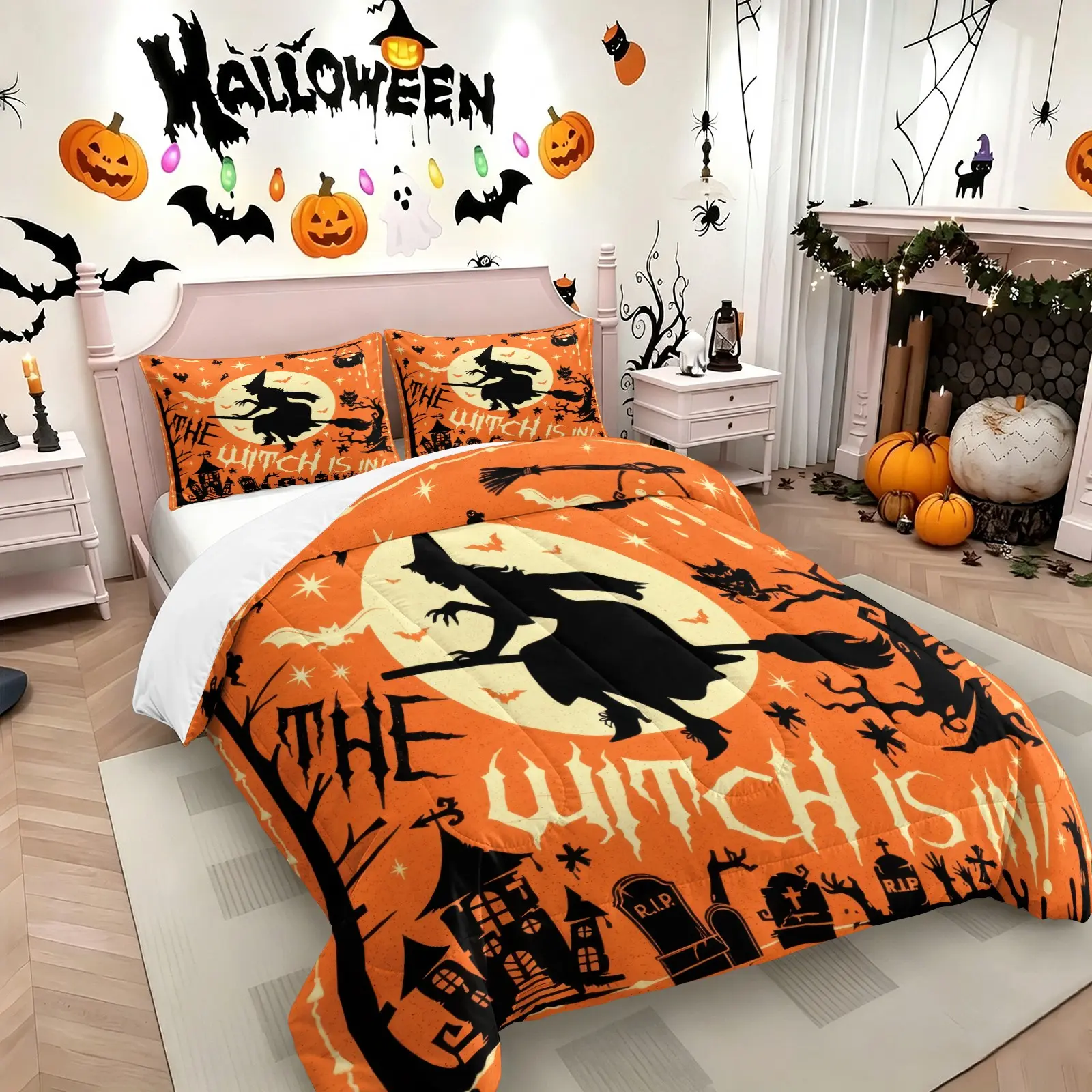 Vintage Orange Witch Halloween Comforter Set, Includes 1 Comforter and 1-2 Pillowcases, Witch Silhouette Haunted House Tombstone Pattern Print, Halloween Gift for Kids, Teens and Adults, Spooky Season Home Decor, Print Bedding Set