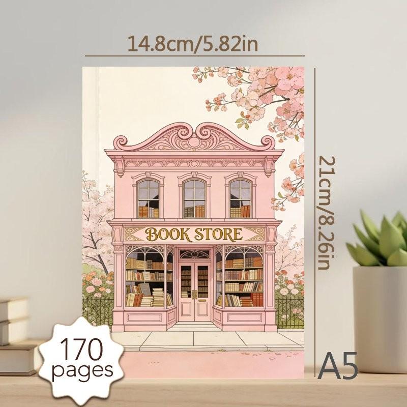 1pc A5 Reading Planner Notebook, Daily Reading Journal With Pink Bookstore & Bookshelf Illustrations, 170 Pages Reading Log And 52 Book Review Templates, Stationery For Book Lovers To Record Book Notes And Quotes, Journaling Supplies