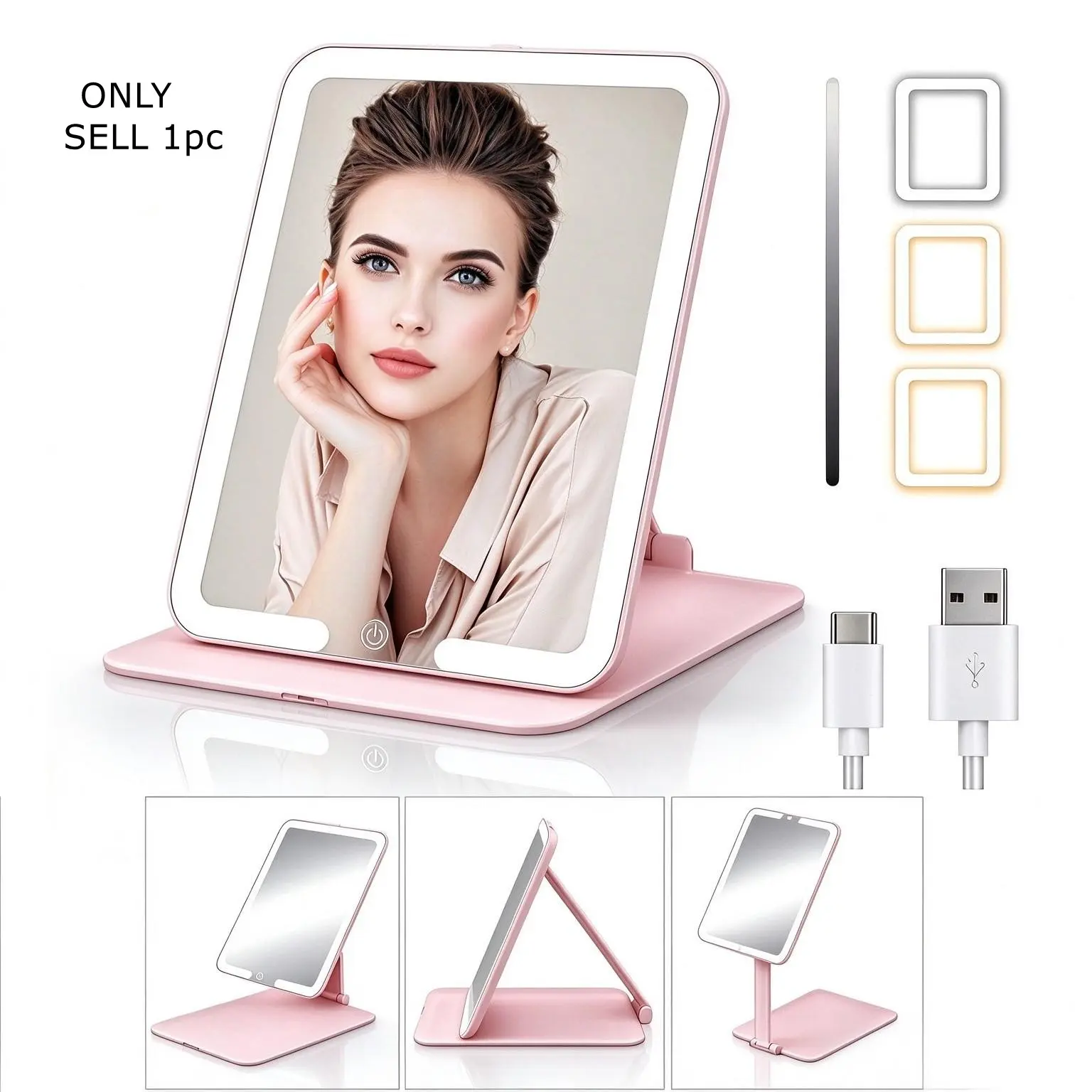 Foldable Travel Makeup Mirror with Lights, Portable Compact Tabletop Mirror, Adjustable Stand, 3 Color Dimmable Lights, Rechargeable LED Vanity Mirror