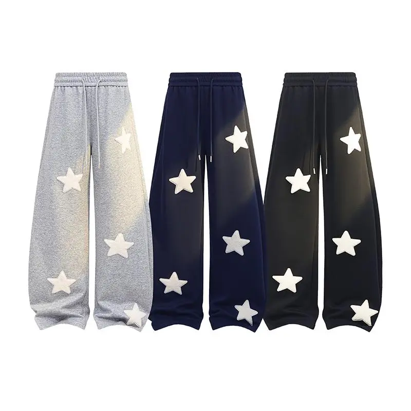 Men's All-Season Terry Cloth Star Patch Oversized Baggy Sweatpants - Cotton-Polyester Blend, Elastic Drawstring High Waist, Niche Y2K Hip Hop Drip Clothing for Daily Skater Outfits