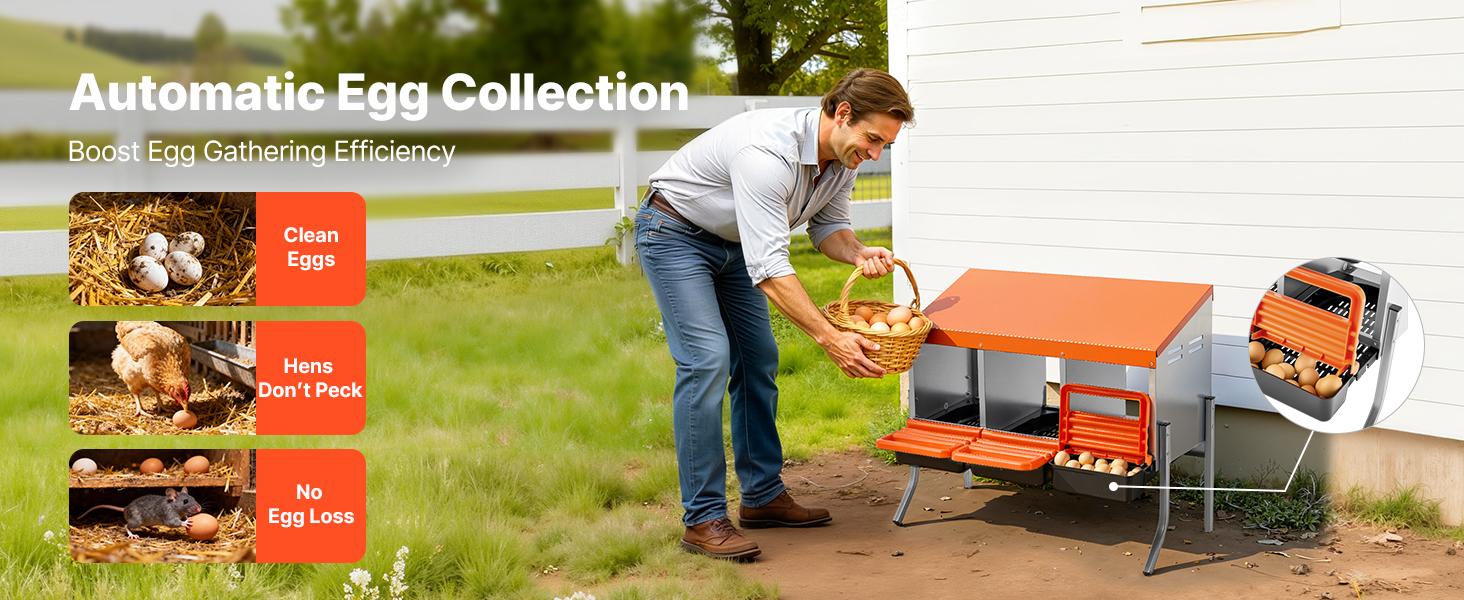 VEVOR Chicken Nesting Boxes, 3 Compartments, with Support Legs, Easy Egg Collection, Galvanized Steel and High-Strength Plastic, Roll Away Nesting Boxes for Chickens and Hens Laying Eggs, Orange
