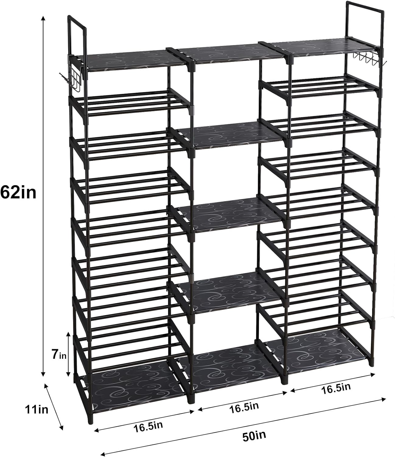 9 Tiers Shoe Rack Organizer,  Max Holds 55 Pairs, Metal Shoe Storage, Shelf with Hooks for Entryway, Garage, Black