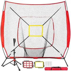 Baseball and Softball Practice Net 7x7ft Portable Hitting Pitching Batting  Net Baseball Backstop Net with Batting Tee and Strike Zone and Bow Frame