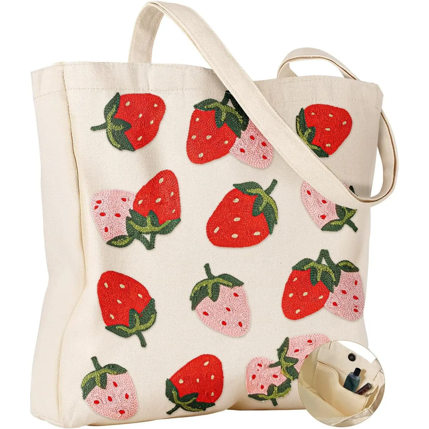Embroidery Tote Bag with Pocket & Buckle - Reusable Canvas Tote for Women Cute Aesthetic Work Shopping Grocery Bag