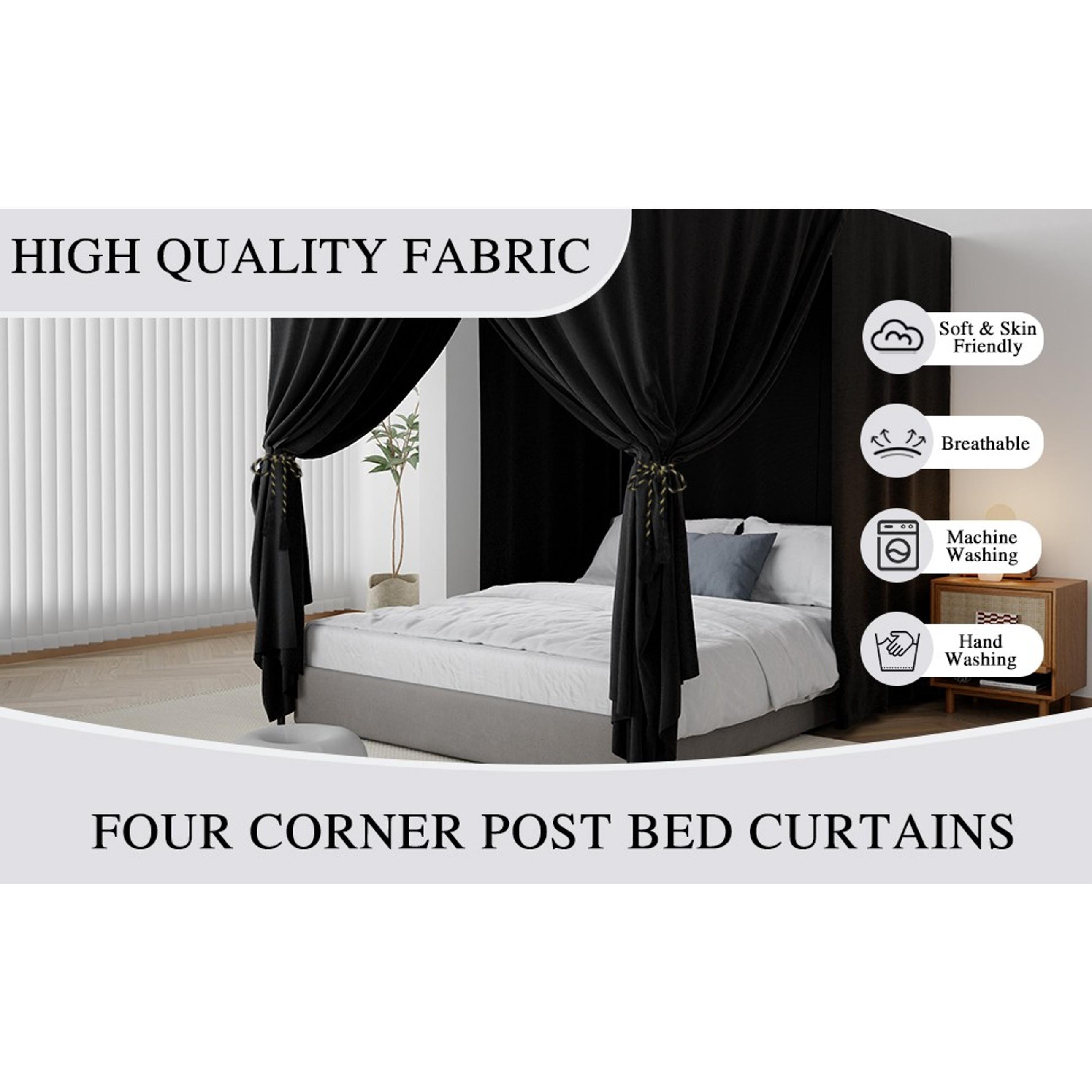 Black Canopy Bed Curtain 4 Corner Post Bed Curtains, Queen One-piece Integrated Canopy Bed Curtains Blackout Bed Canopy Curtain for Adults Girls Bedroom Decoration