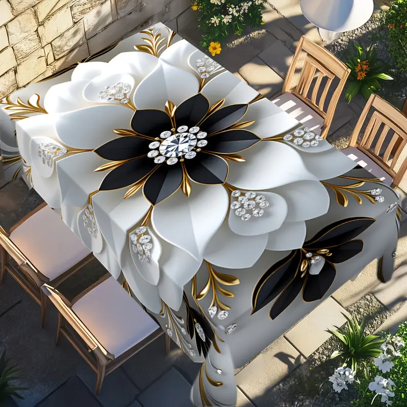 1pc black and white gold flower art tablecloth, polyester printed rectangular tablecloth, perfect for home dining table decoration, parties, festivals, Wedding reception decor, kitchen accessories - tc