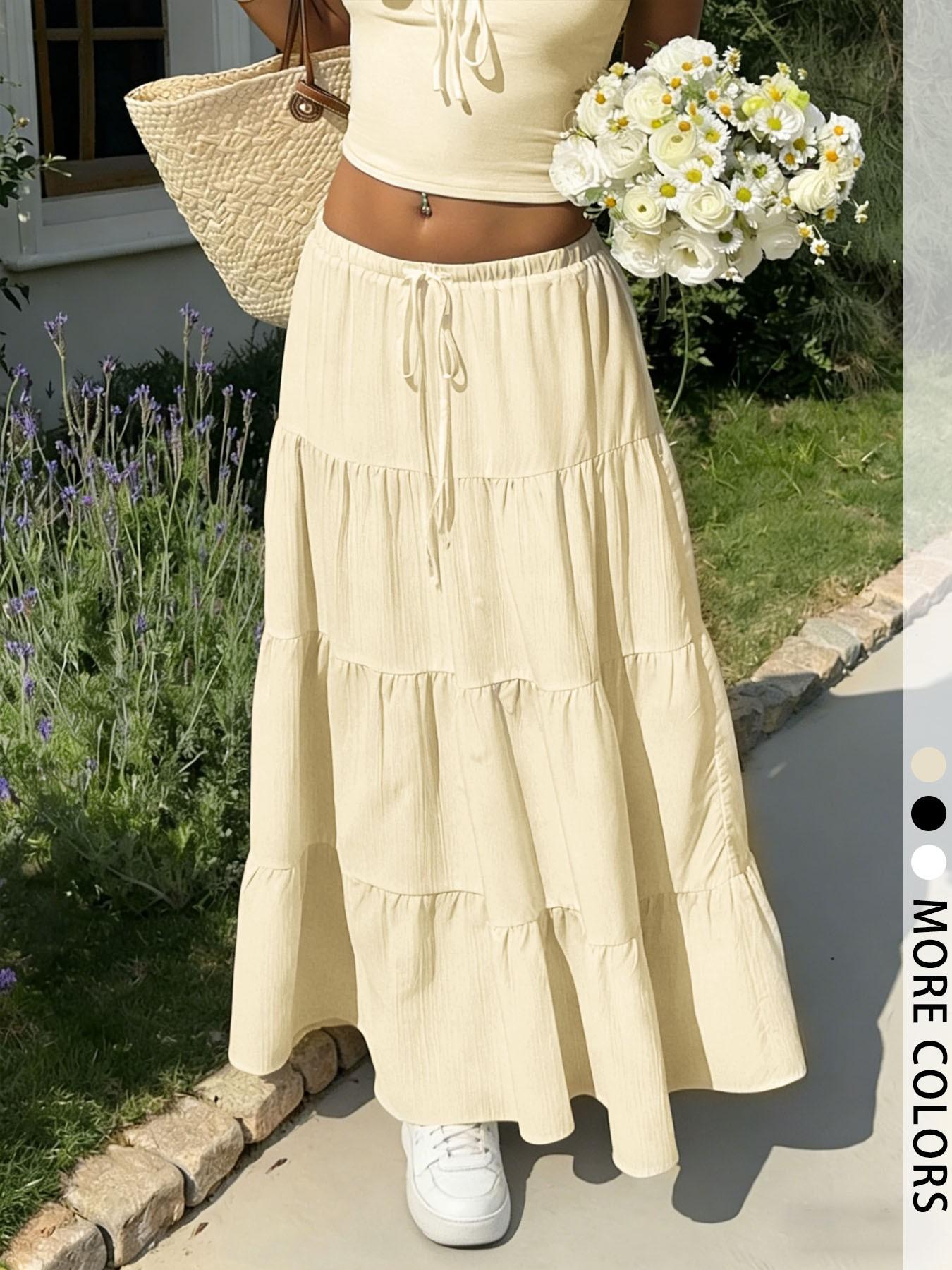 Women's Textured White Ruffled Maxi Skirt, Boho Elastic Waist Tiered Long Skirt For Summer Outings & Casual Fashion