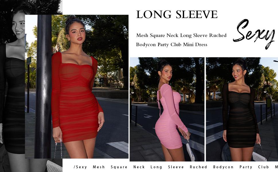 OYV Women's Sexy Mesh Square Neck Long Sleeve Ruched Bodycon Party Club Mini Dress