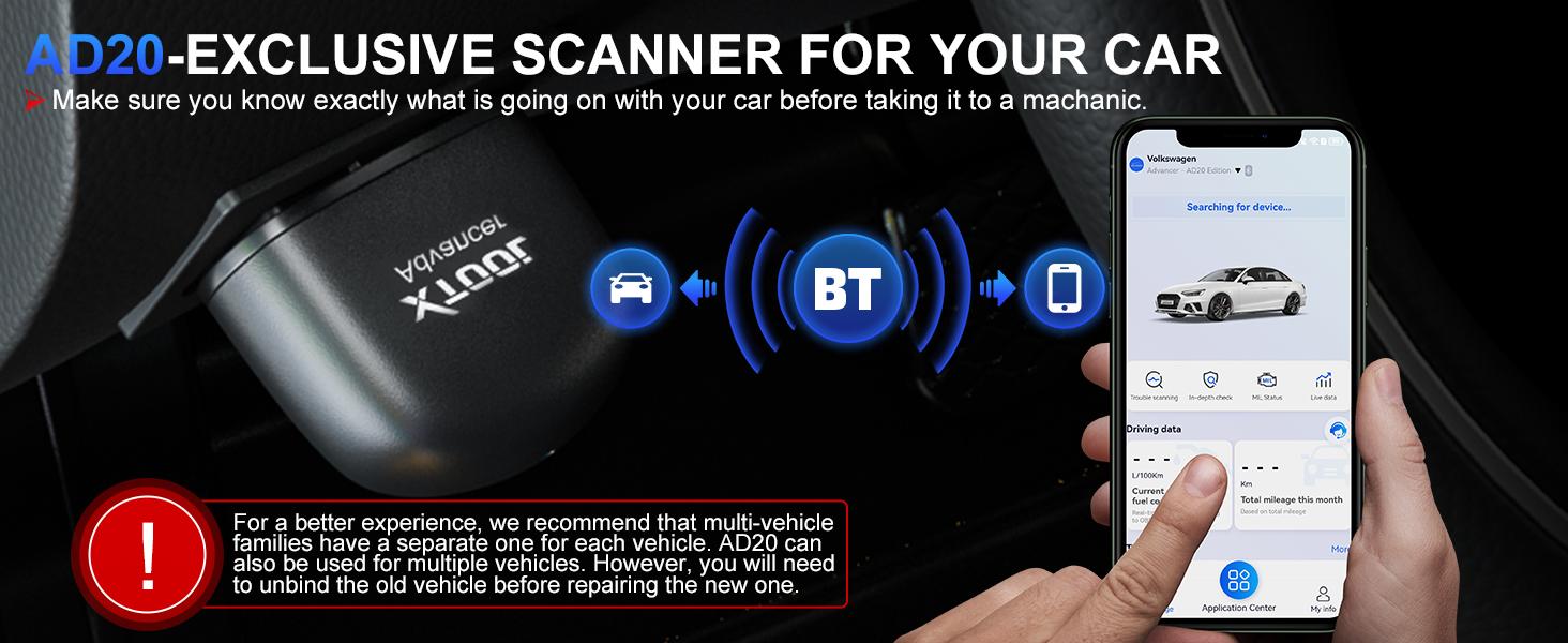 [Summervibes] XTOOL AD20 OBD2  Car Scanner Code Reader Check Engine Light Diagnostic Scan Tool for iPhone/Android, OBDII Scanner for Car, Mode 6, Live Data, Freeze Frame, Performance/Voltage Test battery tester Springtok