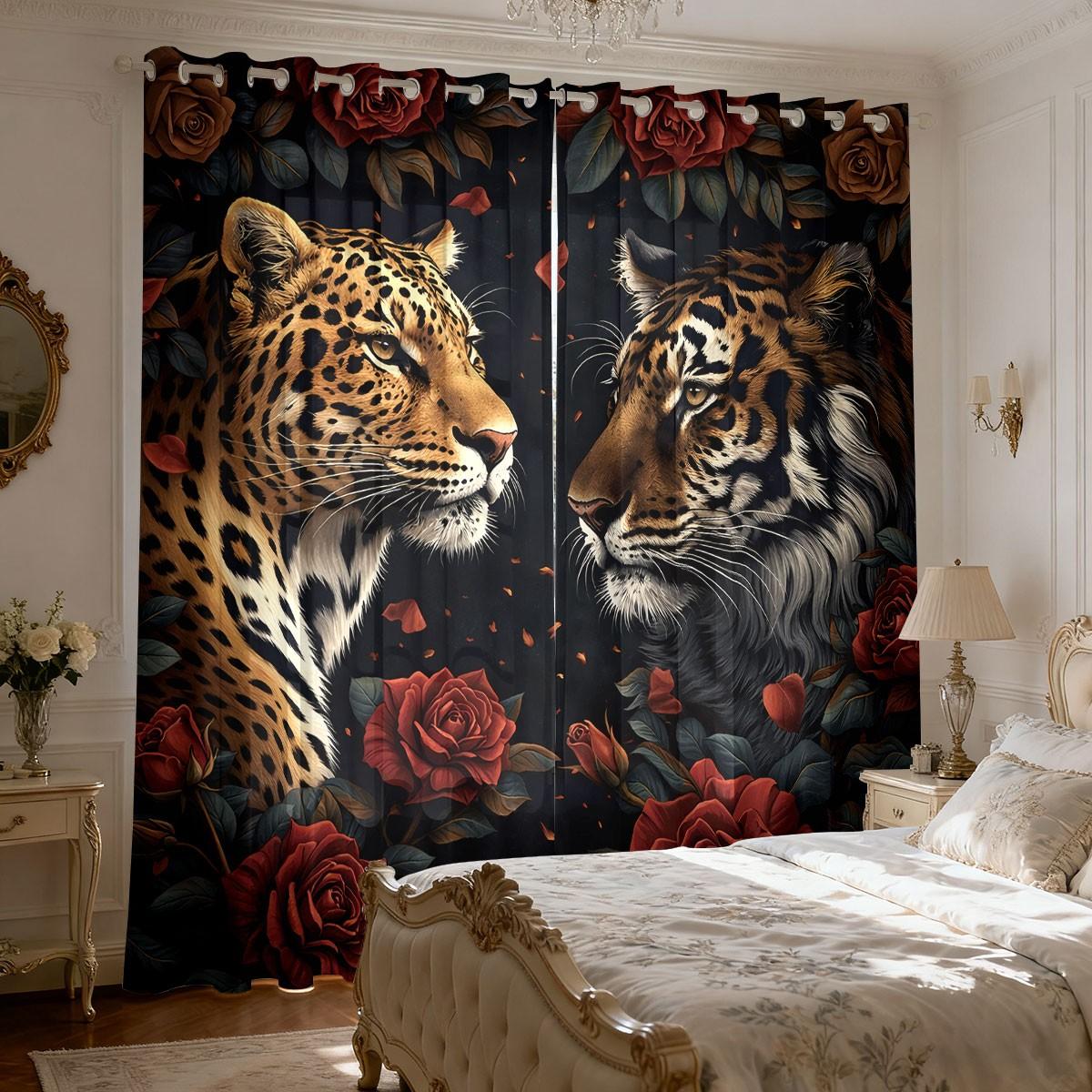 2-piece pack of wild retro style red rose golden leopard tiger print filter translucent curtains suitable for machine washable decorative curtains in living room, bedroom, kitchen, etc.