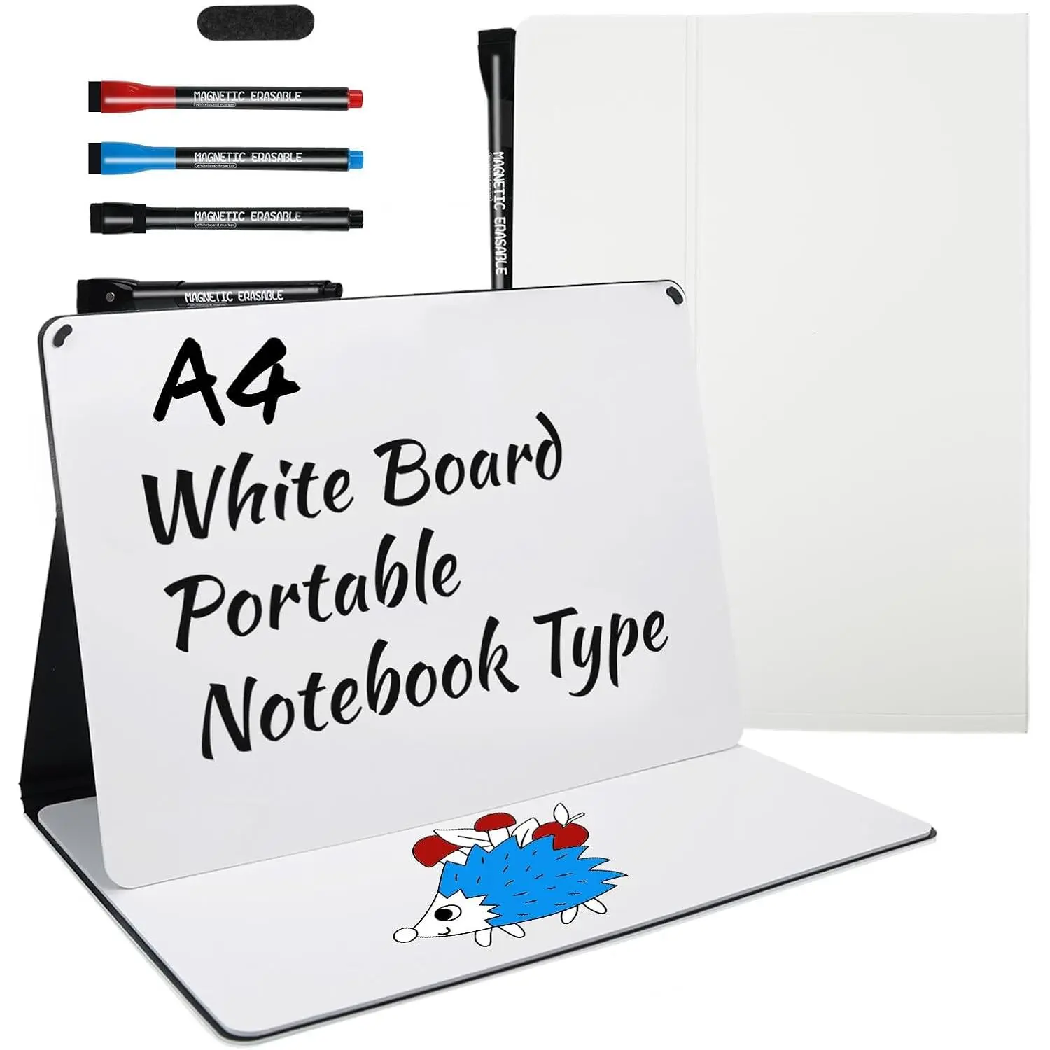 Portable White Board Small Dry Erase Board, 9" x 12" Double Sided Folding Whiteboards with 3 Pens, A4  Notebook with Storage Mesh Bag for Study, Meeting, Draft, Notes, Doodling