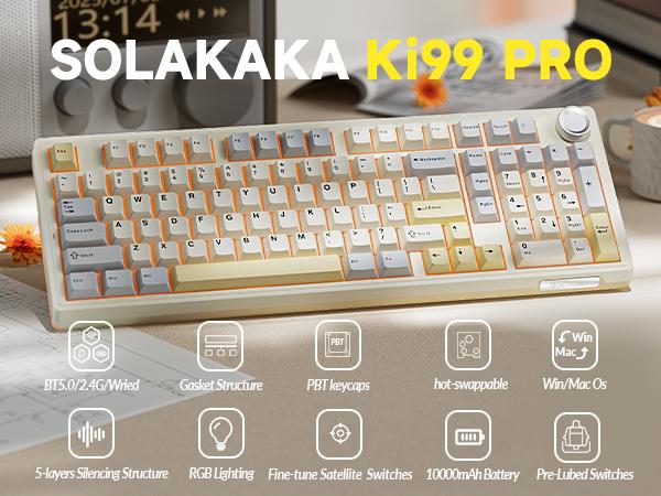 Solakaka KI99 Pro Hot-Swappable 96% Wireless RGB Gaming Mechanical Keyboard, Pre-Lubed Switches,Gasket Structure Creamy Keyboards for Gamer/PC/Laptop (White) PC Accessories gaming accessories FallFreshness