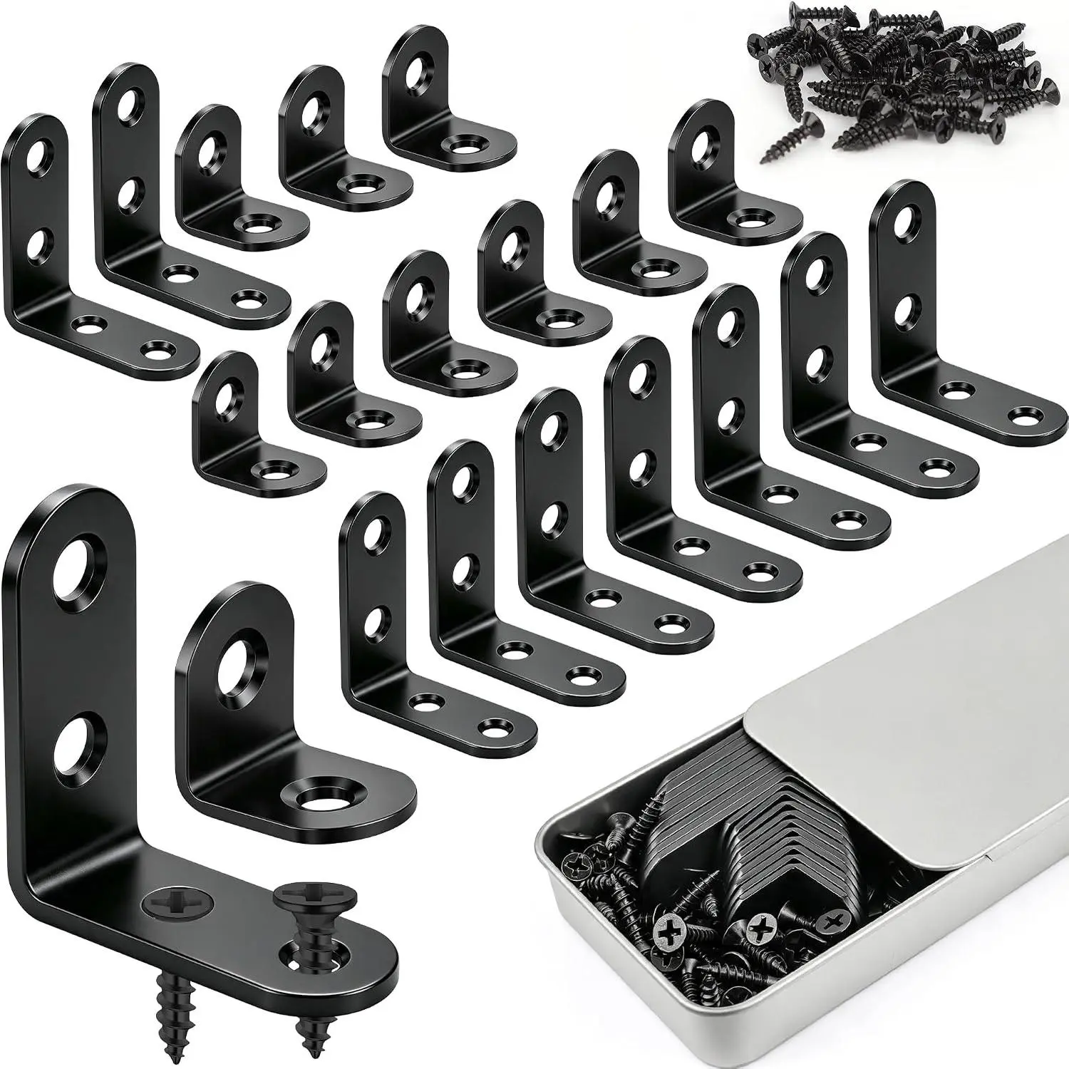 20 count L Bracket Corner Brace, 2 Sizes Black Stainless Steel Corner Brackets 20 count L Bracket Corner Brace, 2 Sizes Black Stainless Steel Corner Brackets