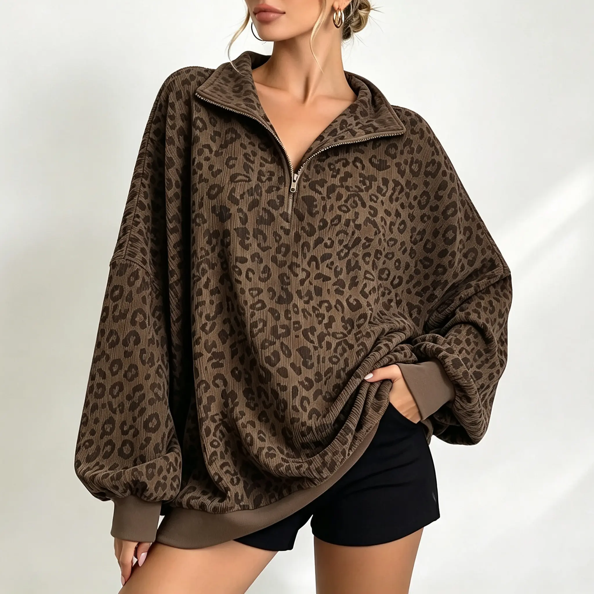 Women's Casual Long Sleeve Loose Leopard Print Quarter-Zip Outerwear, Lightweight Textured Drop Shoulder Pullover, Cozy Autumn Fall Tops for Women Gift