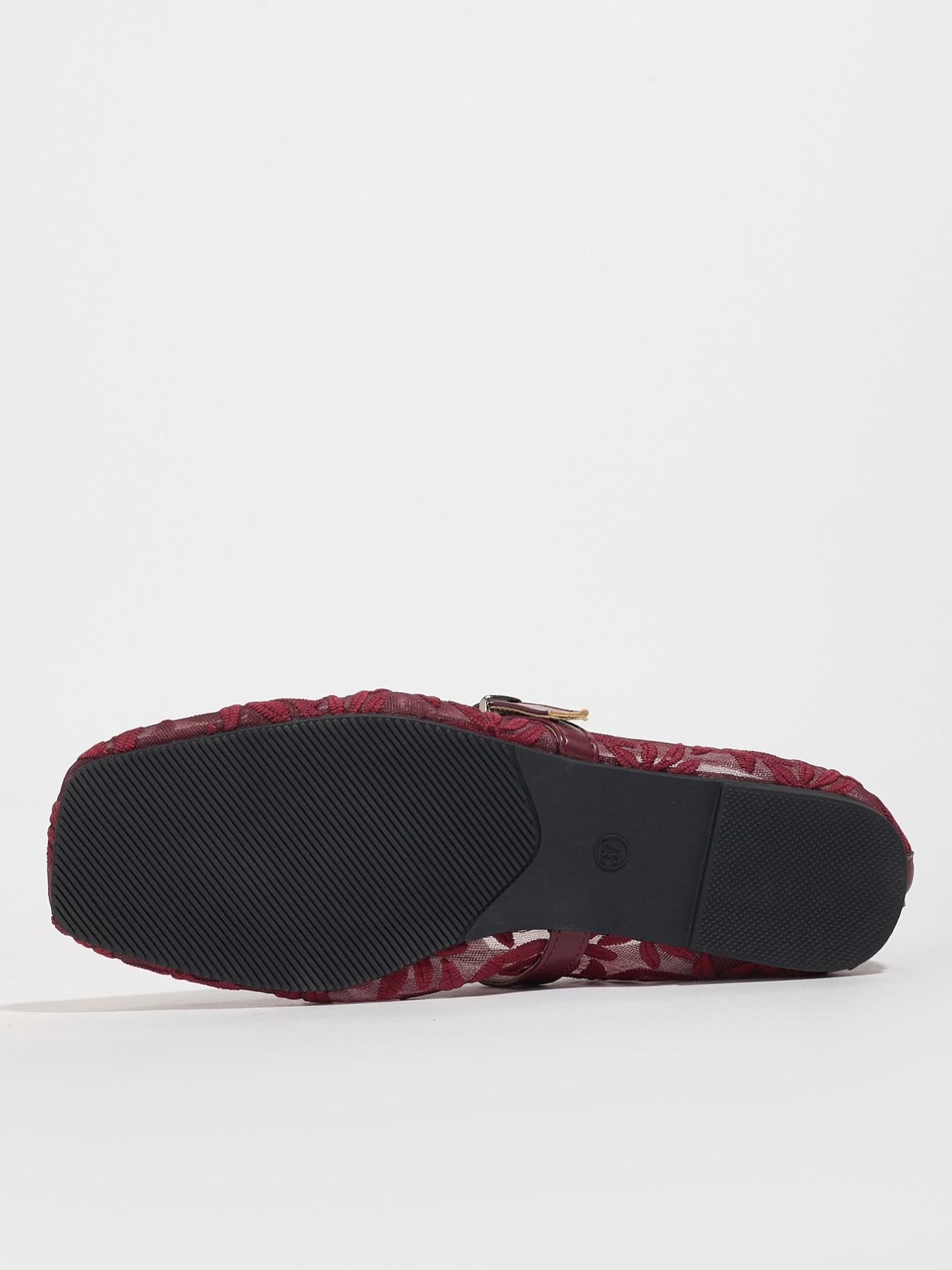 Vintage Wine Lace Mary Jane Shoes, Square Toe, Retro Style, Textile Upper, Rubber Sole, Embroidery Design, Less Than Ankle Height