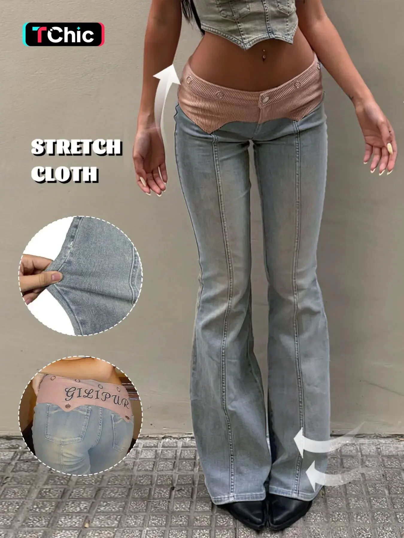 Women's Light Blue Wash Ribbed Contrast Waistband Low Rise Vertical Seam Flare Jeans, Slim Bootcut Long Denim Pants, Y2K Grunge Streetwear Casual Date Night Out Outfits for Women TChic