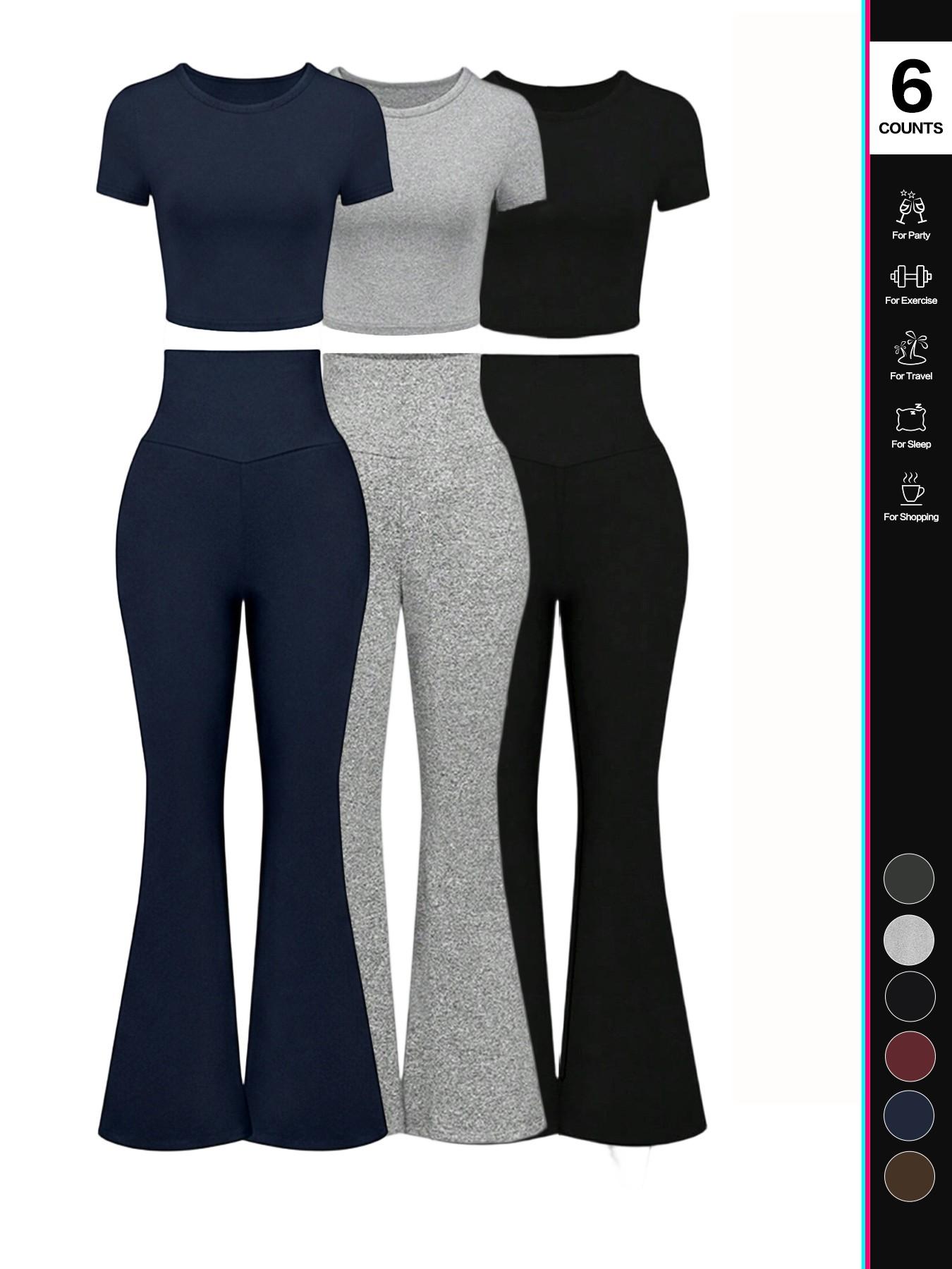 Women's Solid Loungewear Set, Casual Short Sleeve Crop Top & High Waist Flare Leg Pants, Ladies Sleepwear for All Seasons, Pajama Set