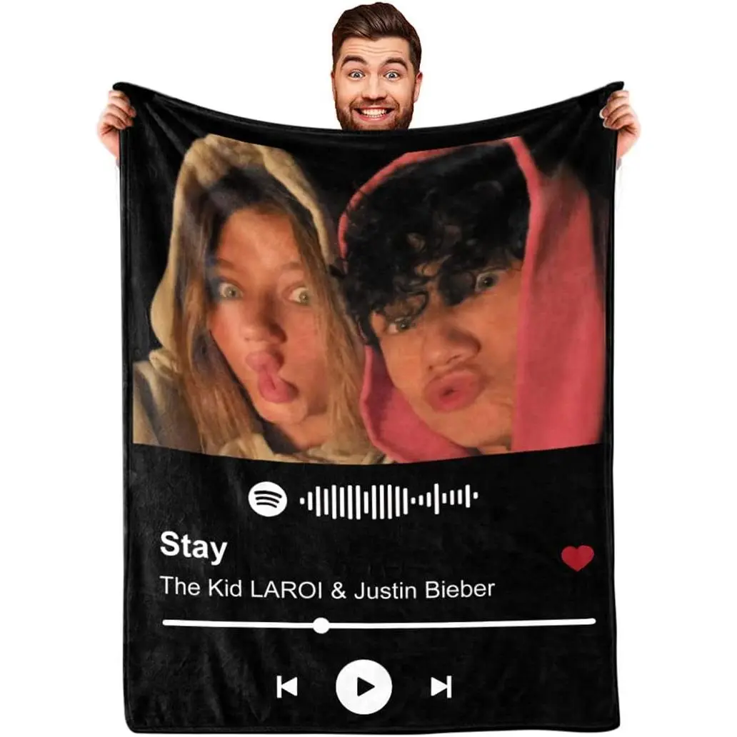 Personalized Spotify Code Polyester Photo Blanket with Custom Print & Photo Pattern - Spotify Theme Gift Idea for Couples, Birthday Present for Spouse