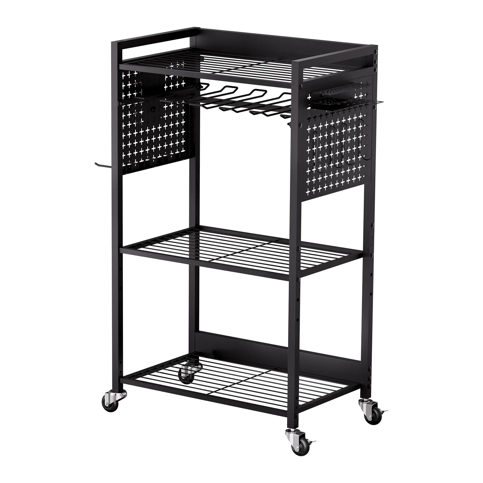 4-tier Tool Organizer Cart, 150 lbs Load Capacity, Floor Stand Rolling Drill Holder and Stability Storage Rack, Heavy Duty Garage Floor Rolling Storage Cart for Workshop, Garage, Black