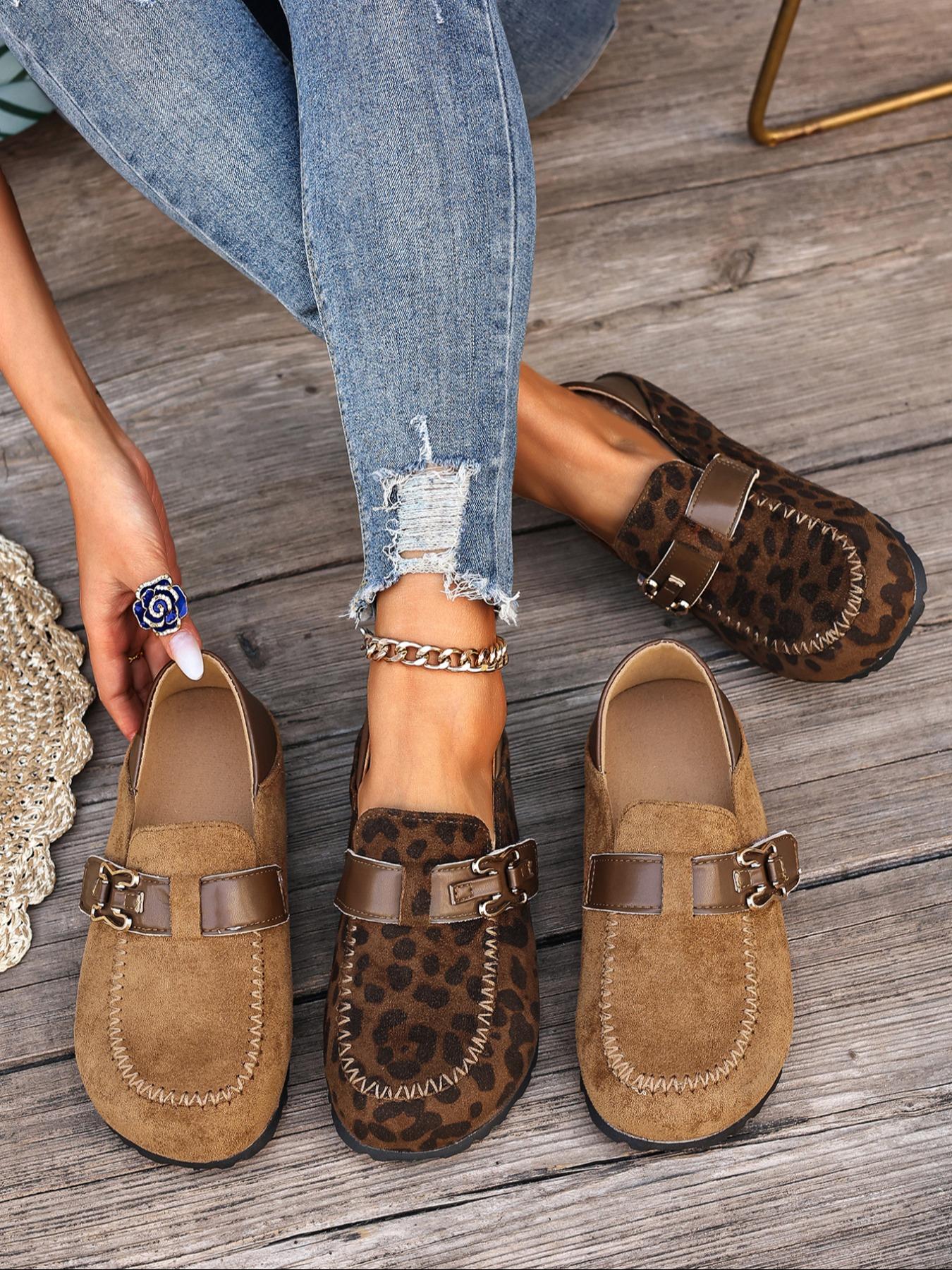 Women's Leopard Print Suede Mule Slippers, Metal Buckle Thick Sole, Retro Casual Half Slipper, Comfortable All Season Shoes