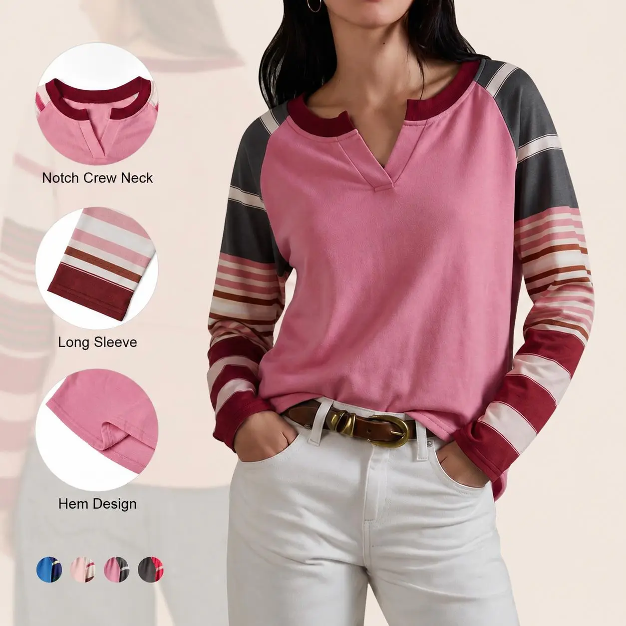 Imily Bela Women's Casual Long Sleeve Tops V Neck Color Block Stripe Sleeve Loose Fit Sweatshirts Tunic Tops