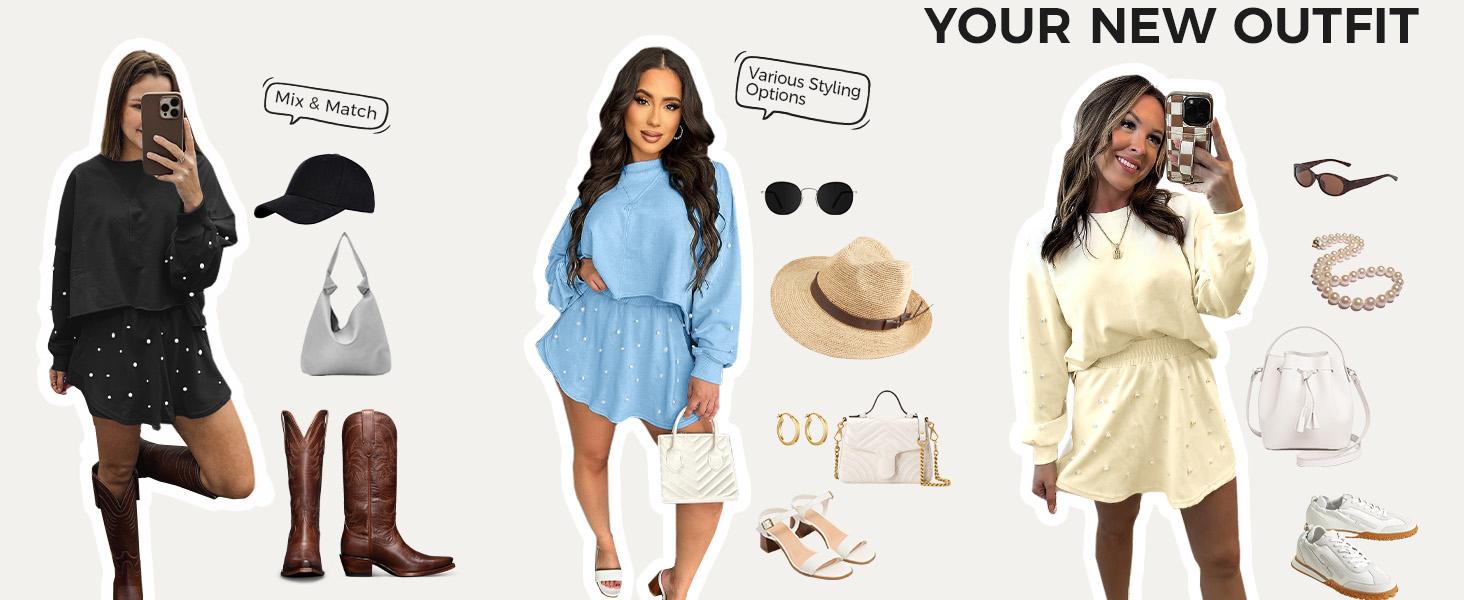 Fisoew Womens Casual 2 Piece Outfits Decor Pearl Long Sleeve Sweatshirt and Fall Loose Skort Mini Skirt Sets Womenswear Crewneck Clothes #Springtok #ValentinesDay SpringStatements