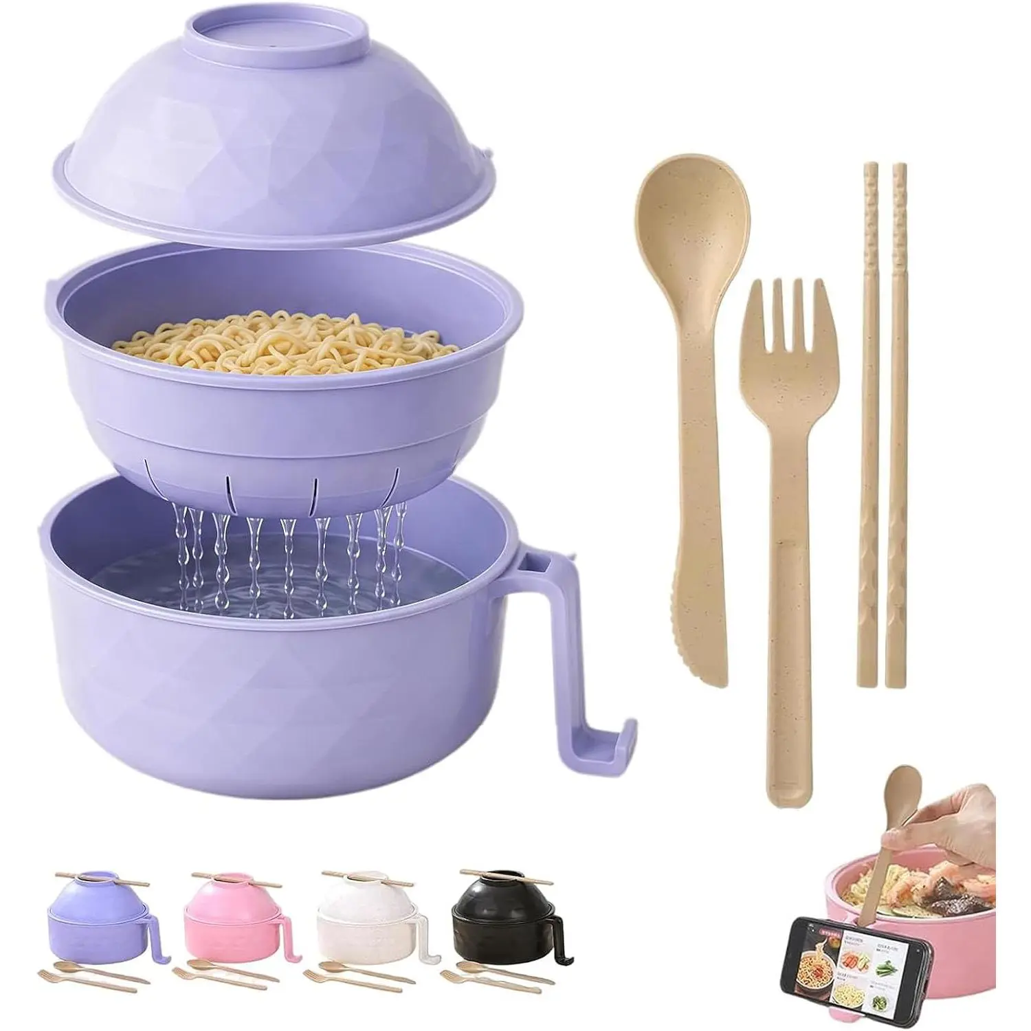 43oz Wheat Straw Microwavable Pig Ramen Noodle Bowl with Strainer Lid, Handle, Cutlery Set (Spoon, Fork, Chopsticks) - Portable Tableware for Dorm, Home, Office Use