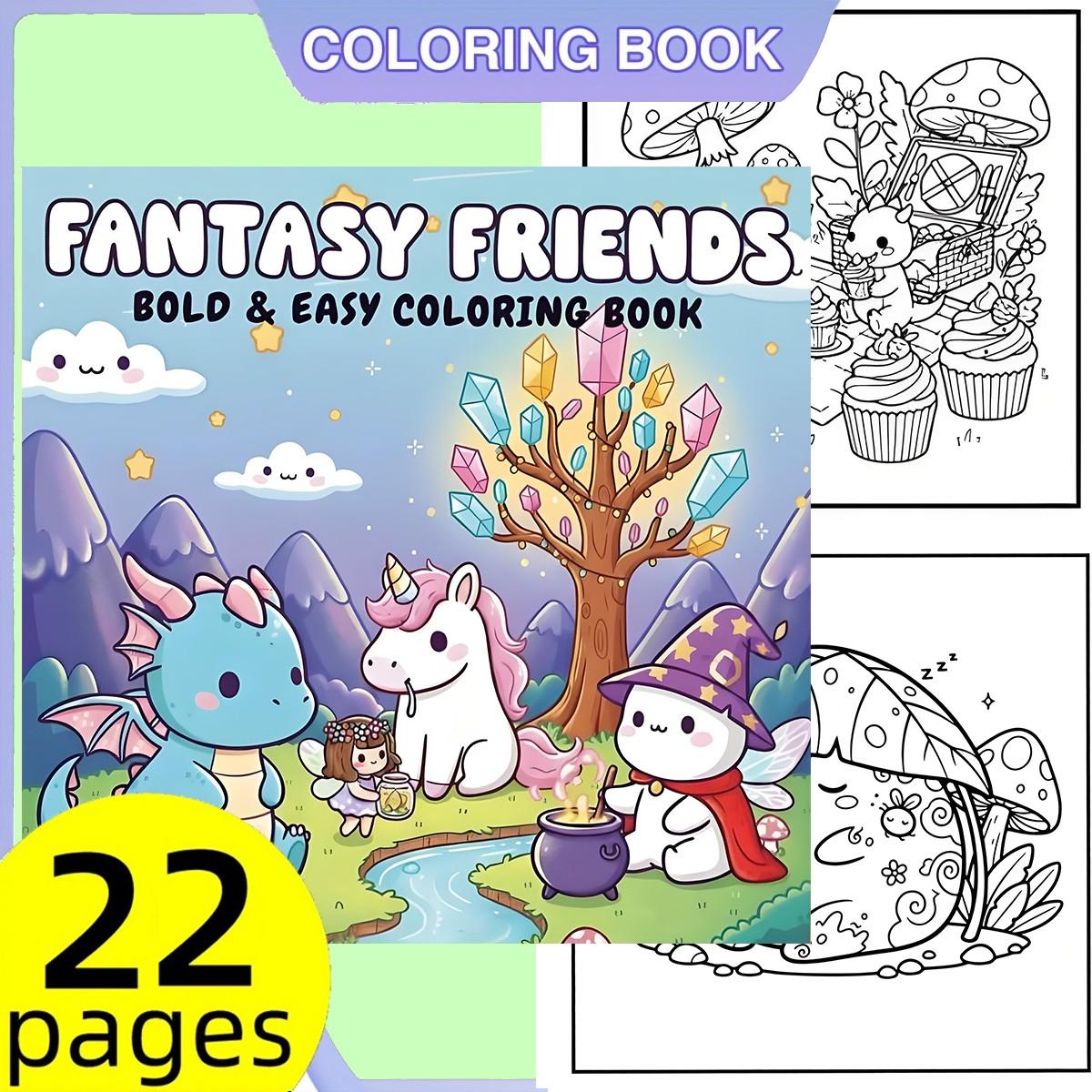 Fantasy Friends Bold & Easy Coloring Book for Kids & Adults - 22 Cute Kawaii Magical Creature Coloring Pages, 120gsm Thick No Bleed Paper, Non-Toxic Odorless, Glue Binding, Perfect for Stress Relief