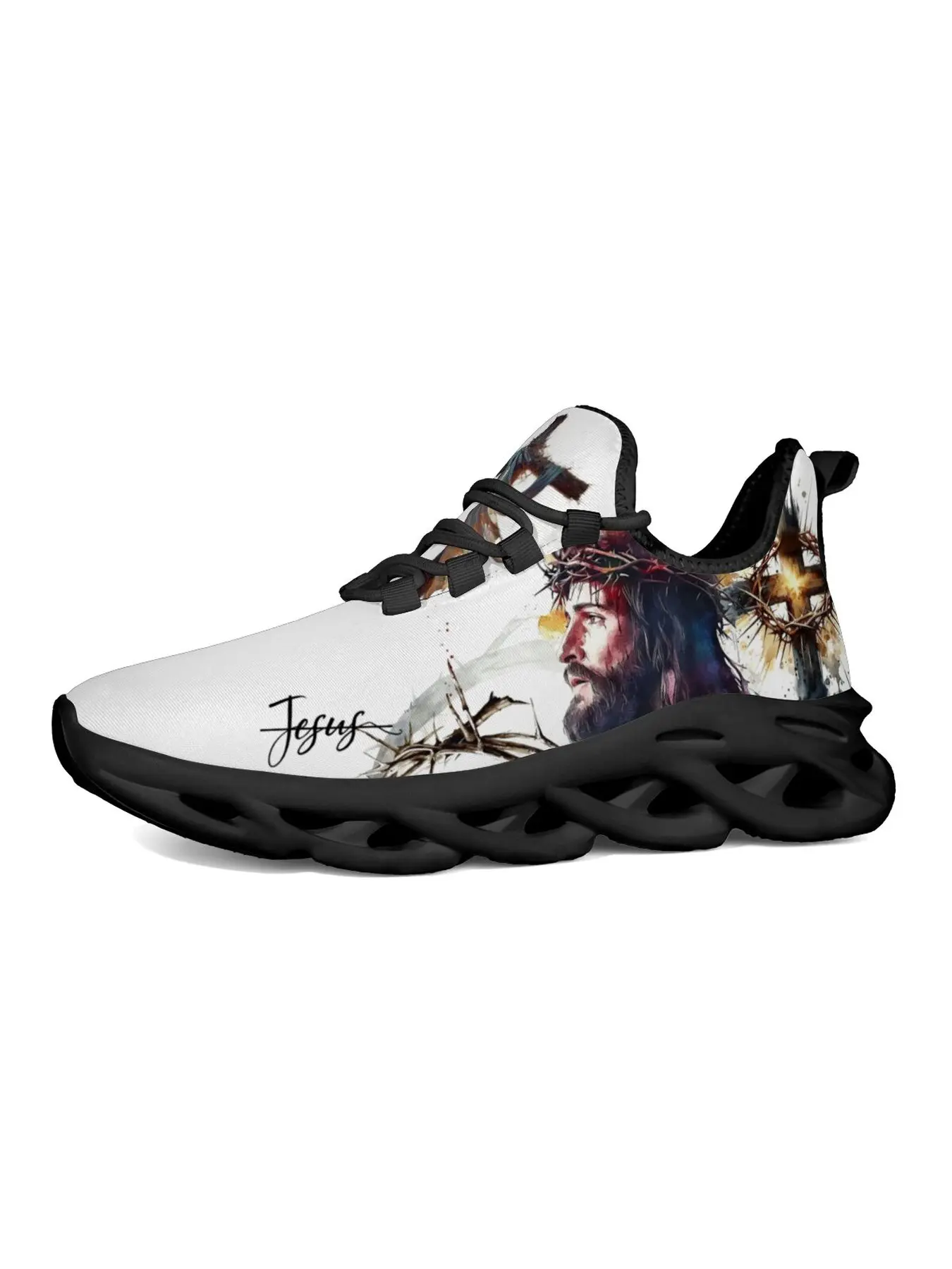 Trendy Inspirational Faith Art Graphic Sneakers Men Women, White Hollow Wave Blade Sole Jesus Cross Watercolor Printed Flyknit Shoes, Flexible Breathable Anti Slip Lace Up Casual Footwear for Walking Vacation Daily Outing