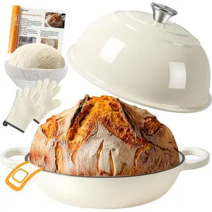AHJ 6QT Dutch Oven For Bread Baking, Enameled Cast Iron Dutch Oven Pot with Lid, Multi-Functional Bread pan, Sourdough Baking Supplies with Proofing Basket, Cast Iron Bread Oven, Sling & Gloves.