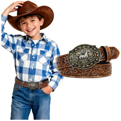 BELTROAD Kids' Western Embossed Leather Belt with Buckle - Detachable 01-Horse Buckle/Coffee Adjustable Waistband, Halloween Birthday Carnival Accessory for Boys & Girls, Party Wear