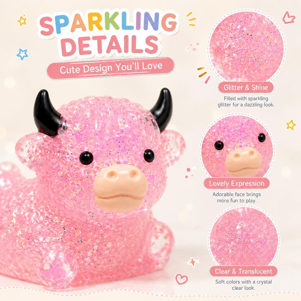 1/2/4 PCS Glitter Highland Cow Squishy Fidget Toy Soft Slow Rising Stress Relief Ball Sparkly Squeeze Sensory Toy For Teens Adults Cow Lovers Desk Relaxation Party Favor