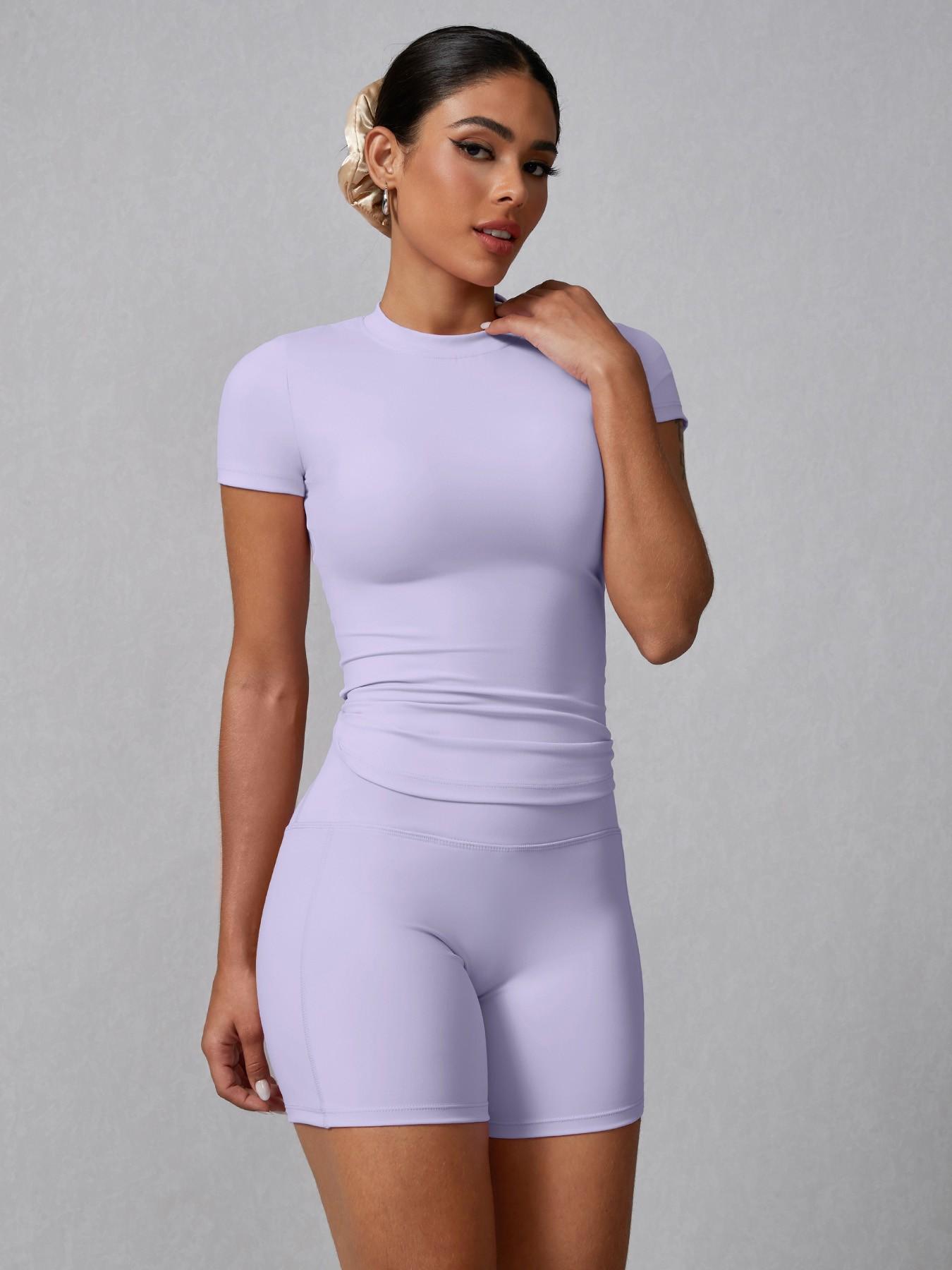 Women's Solid Ribbed Tee & High Waist Shorts Loungewear, Casual Comfy Round Neck Short Sleeve T-Shirt & Skinny Shorts PJ Set, Ladies Sleepwear for Summer, Pajama