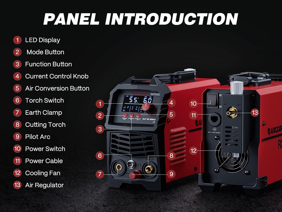 Arccaptain CUT55 Non-HF Plasma Cutter, Blowback Non-HF Pilot Arc Plasma Cutting Machine, Large LED Display IGBT Inverter 110/220V Dual Voltage, 3/5" Clean Cut, Mesh Cutting, Rust Removal, PA PT Adjustable, Black Friday Deals, Xmax Gift for Man and Dad