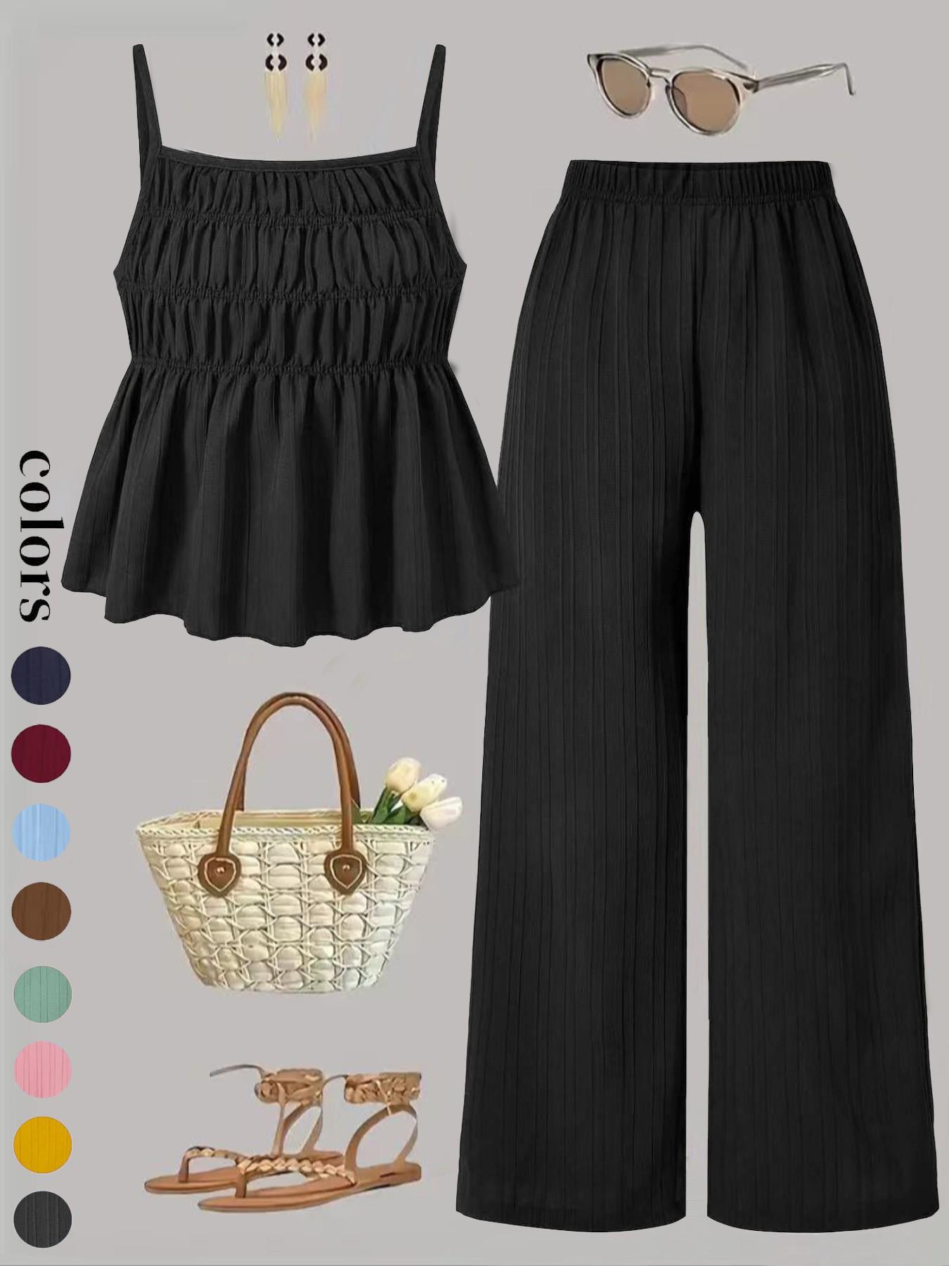Two-Piece Set Women's Solid Color Cami Top & Wide Leg Pants Set, Street Fashion Casual Outfits for Daily Outdoor Wear, Ladies Clothes for All Seasons