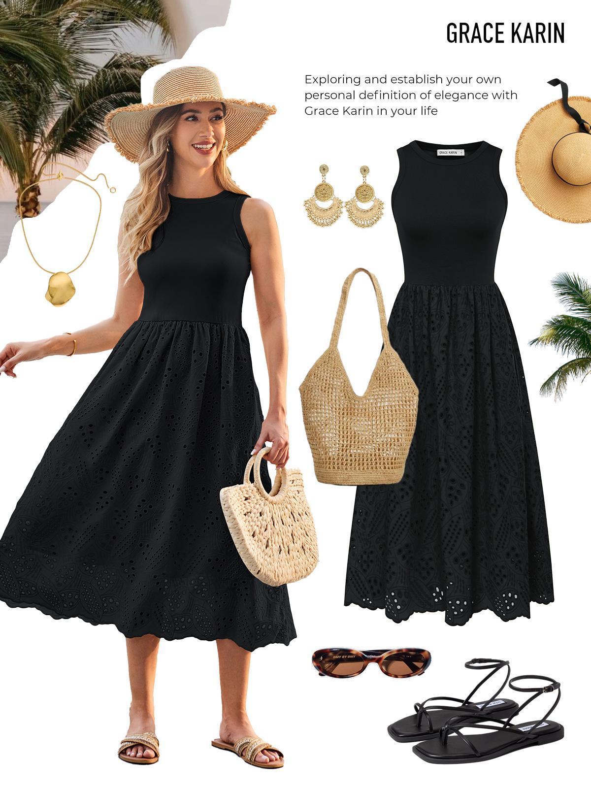 Grace Karin Women's Contrast Fabric Sleeveless Crew Neck Mid-Calf Flared A-Line Casual Dress Grace Karin Women's Contrast Fabric Sleeveless Crew Neck Mid-Calf Flared A-Line Casual Dress