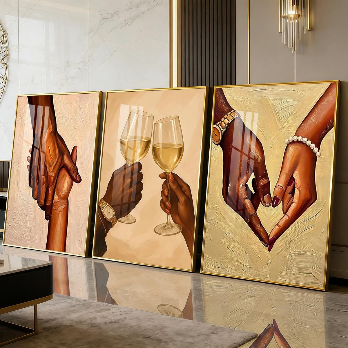 3 Counts Aluminum Alloy Framed Painting, Romantic Couple Hands And Wine Glass Canvas Art, Home Decoration For Living Room, Bedroom, Office, Restaurant, Hallway Wall Decor, Odorless Print Artwork, Luxury Perfect Gift For Friends And Family
