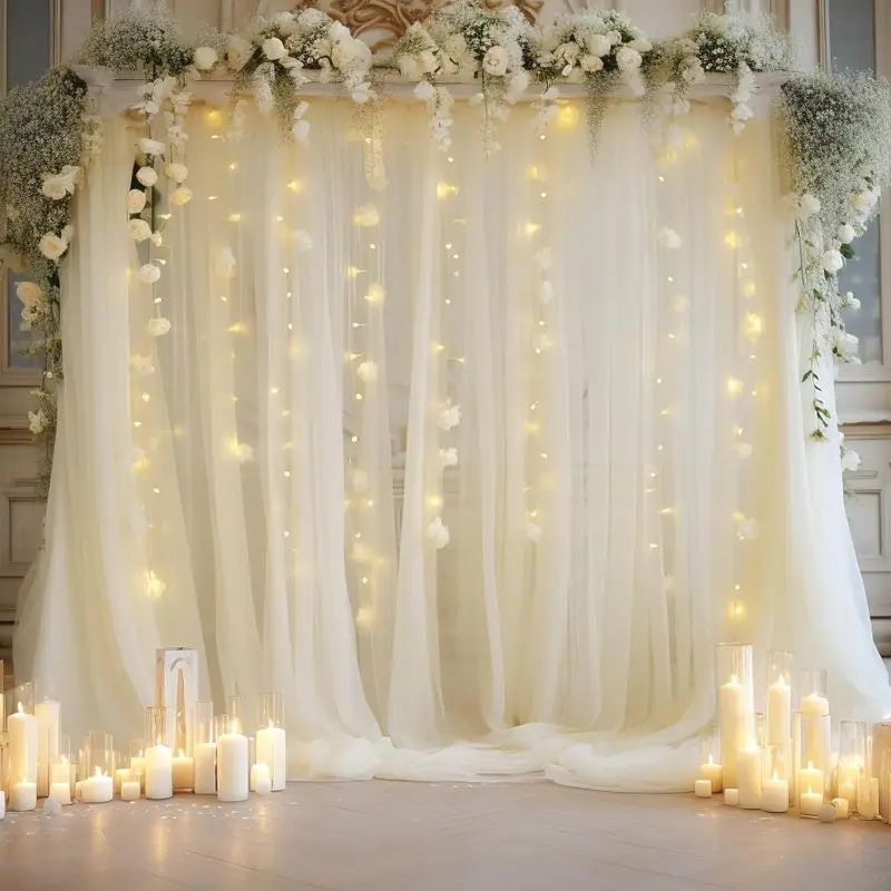 Sheer Outdoor Wedding Draping Fabric with String Lights – Wedding Ceiling Drapes & Backdrop Curtain for Event Decor