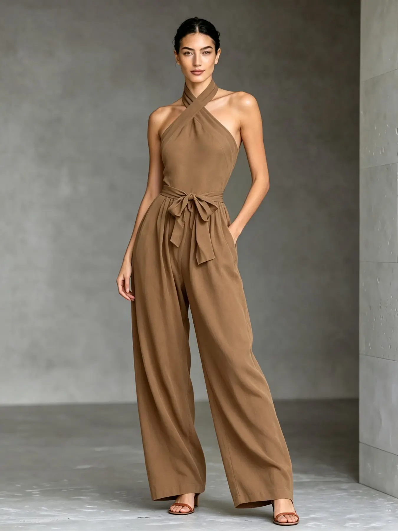 T1085 Trendy Summer Resort Quiet Luxury Jumpsuit, Cross Halter Neck Soft Life Athleisure Outfit, Belted Waist Wide Leg With Convenient Pockets for Dating & Travel.