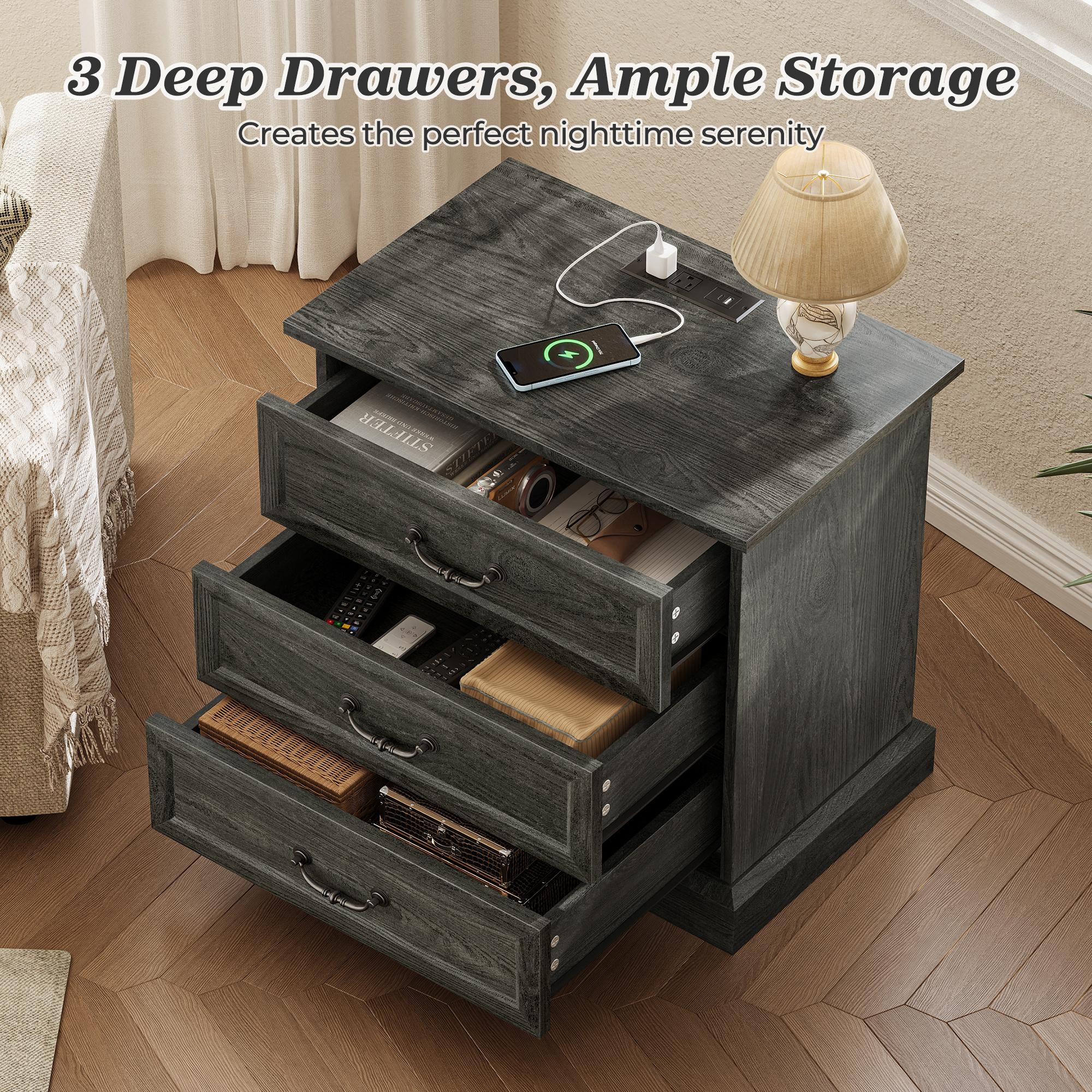 Huuger Nightstand with Charging Station, 3 Drawer Night Stand, 22 Inch Wider Side Table with Storage, Farmhouse Nightstand with Vintage Handles, Thicken Base, for Bedroom
