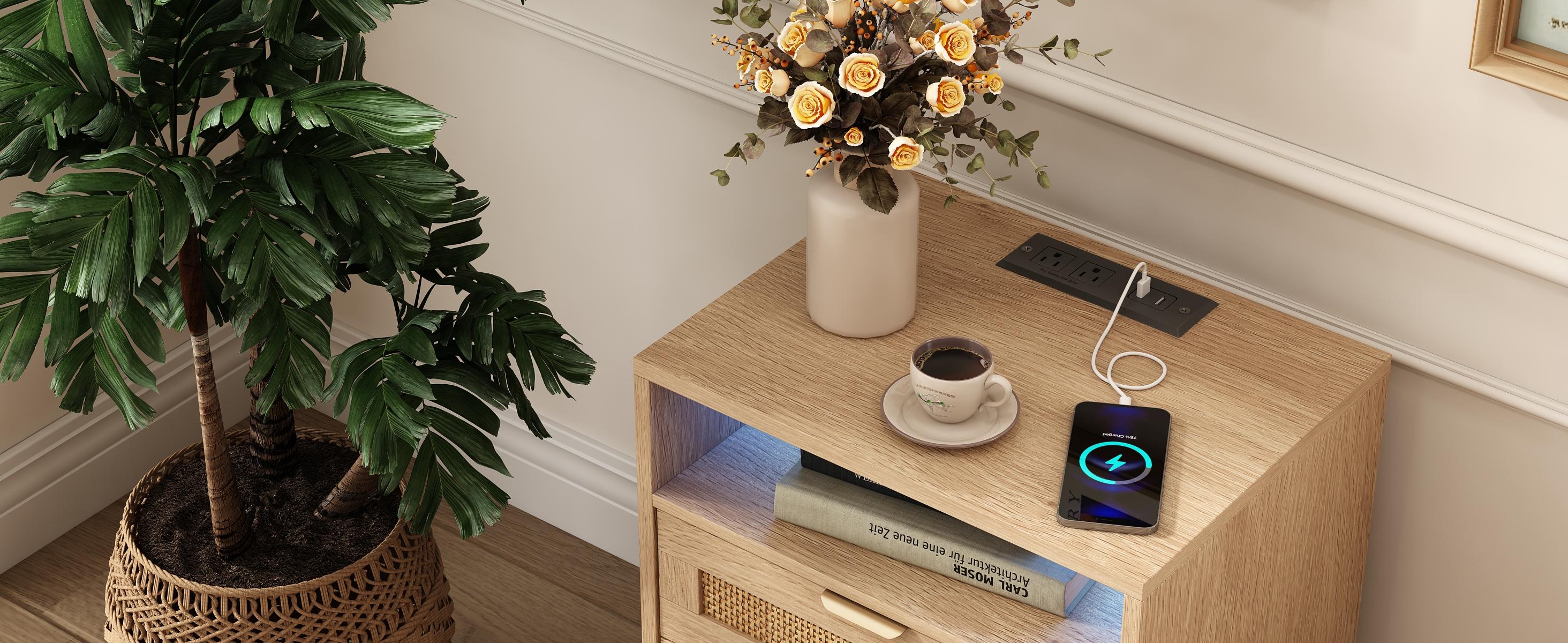 Vabches Rattan Nightstand Set of 2 with Charging Station USB Ports LED Lights 2 Storage Drawers Wood Bedside Table Wooden Tabletop for Bohemian Home