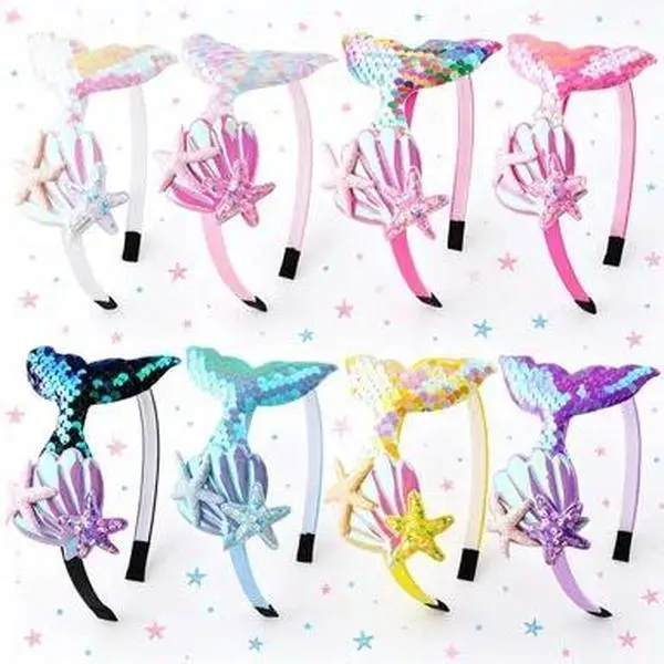 4Pcs Shiny Colorful Lightweight Reversible Fish Tail Glitter Sequins Headbands, Mermaid Hair Decoration Accessories for Outdoor Beach Birthday Party Cosplay Gifts, Plastic, Cute Accessories