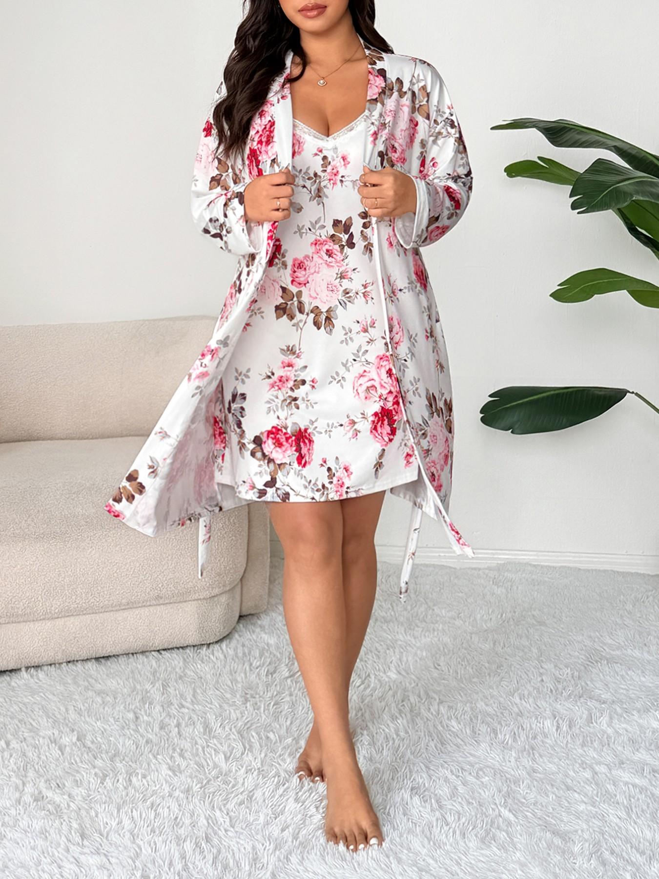 【Plus Size】 Floral Print Lace Trim Cami Nightdress & Open Front Long Sleeve Robe Two-piece Set, Casual Comfy Pyjama Set for Women, Women's Sleepwear for Spring & Fall