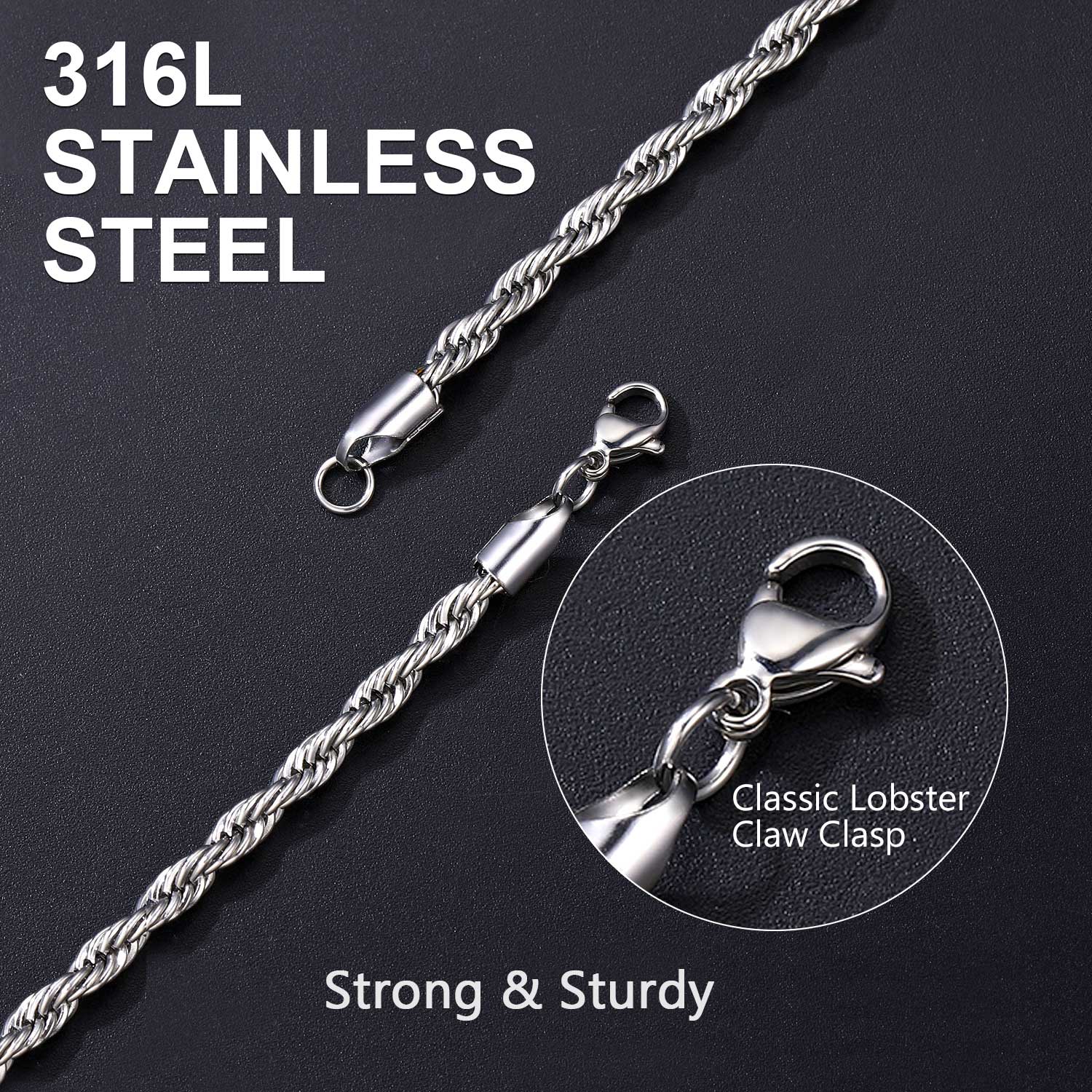 U7 Twist Rope Chain Necklace Daily Casual Punk Hypoallergenic No Tarnish Unisex Stackable Stainless Steel 3/6/9mm Chain Necklace for Men Women Hip Hop Jewelry
