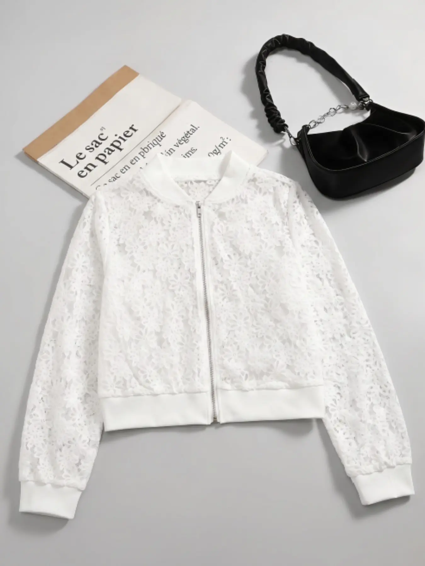 Sheer Lace Baseball Jacket Open Front, Fashionable Women's Small Coat, Stylish Outerwear for Daily Wear, Trendy Ladies' Clothing