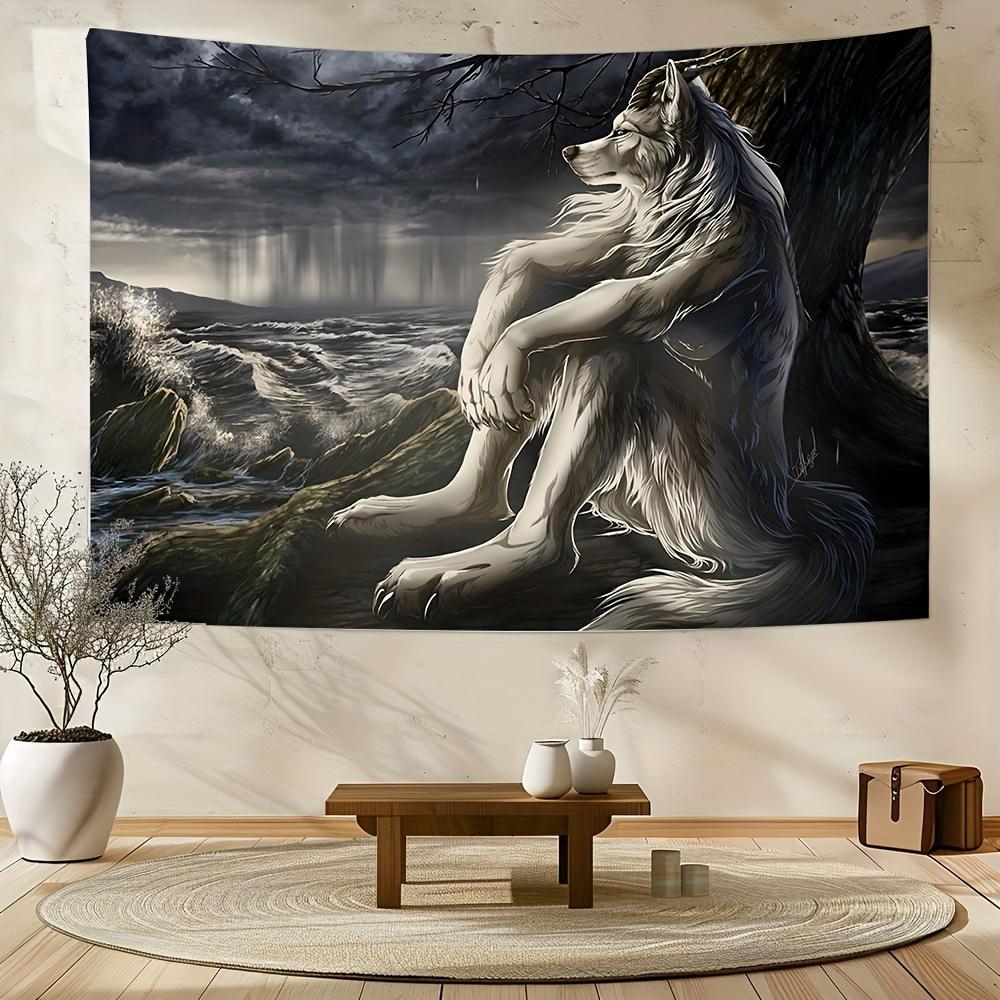 1 Piece, Interesting Alpha Coefficient Sigma Beta Wolf Tapestry, Interior Wall Hanging emo White Wolf Sitting Sad Tapestry Mural Decoration Home Decoration Tapestry