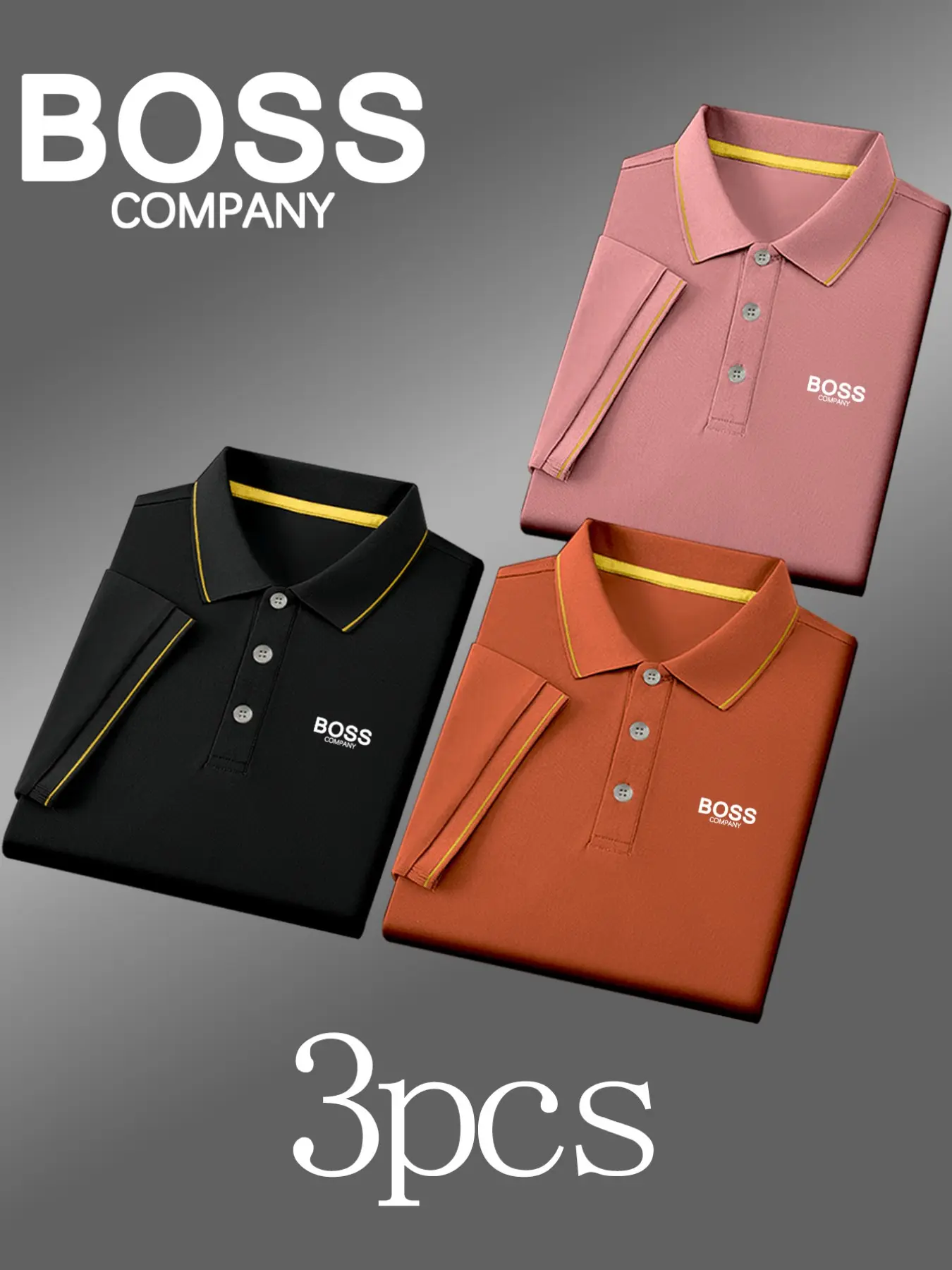 Men's Luxury Golf Polo Shirts, Tops, 3-Pack, Fashion Boss Logo Print, Collared, Stretchy, Breathable, All-Season Comfort, High-Quality