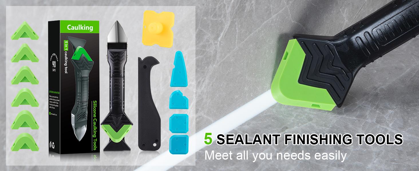 Silicone Caulking Tool 5 in 1 - Sealant, Grout Removal Tool, Grout Scraper, 6 Exchange Silicone Pads, Seam Repair Tool Kit for Kitchen & Bathroom detail 1