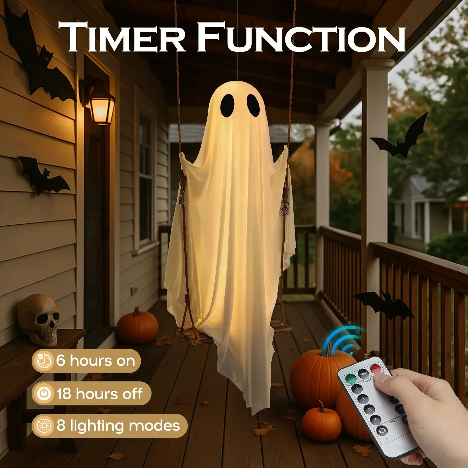 Halloween Decorations Outdoor - 5FT Large Hanging Ghost Swing with Remote Control String Lights, Scary Ghost Halloween Party Decor Outside for Tree Porch Yard Garden Lawn Ornaments halloween spooky decor